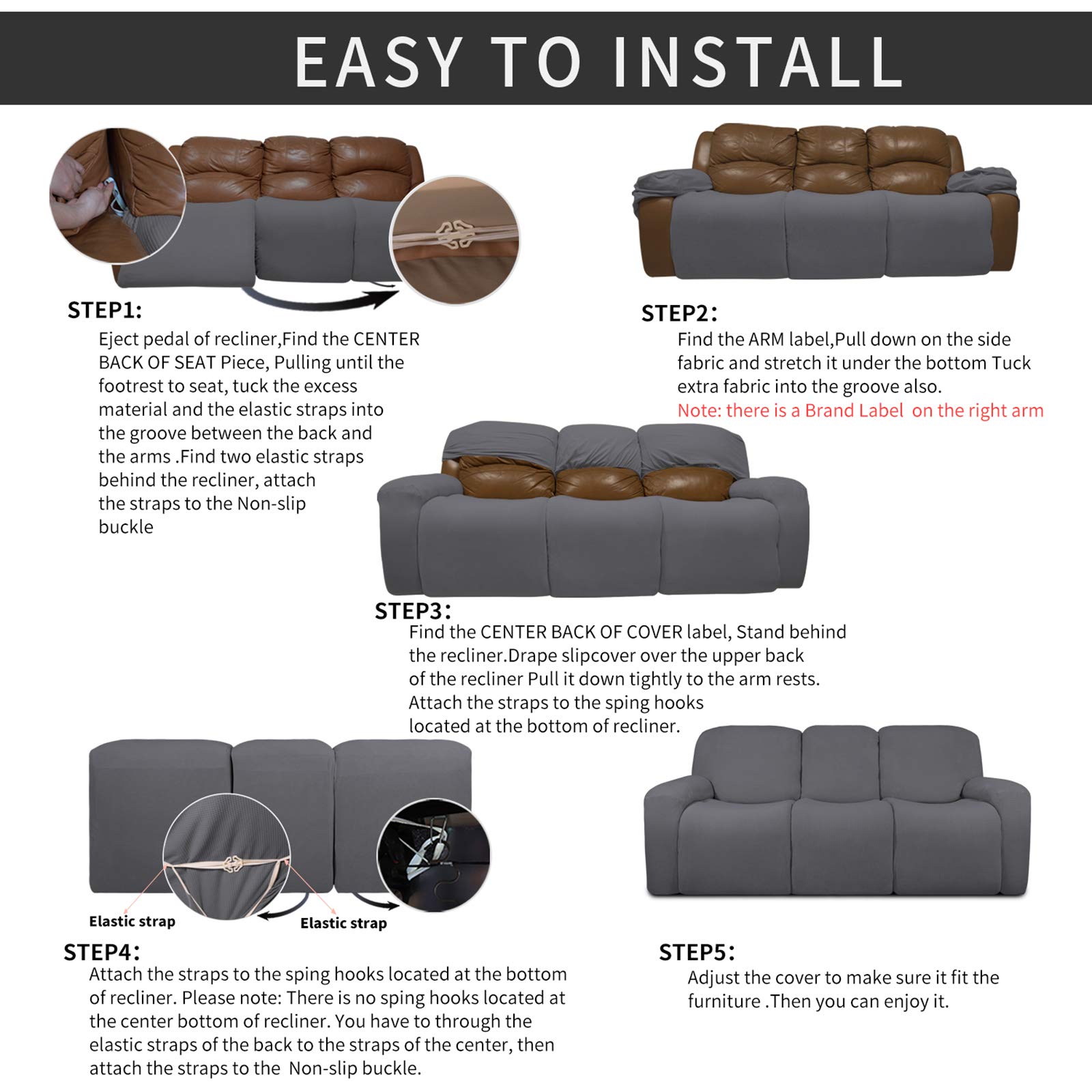 8-Piece Stretch Recliner Sofa Slipcover Set - Spandex Jacquard Fabric with Elastic Bottom, Gray Small Checks - Furniture Protector for Couch, Kids & Pets - Perfect for Living Room, Family Room & Home Theater