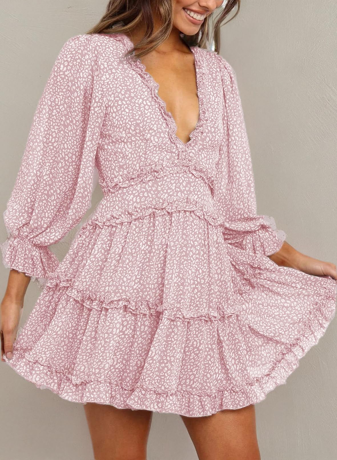 Dokotoo Women's Deep V Neck Long Sleeve Backless Ruffle Floral Mini Dress - Spring Summer 2025 Flowy Party Cocktail Dress for Date Night & Wedding Guest Outfits