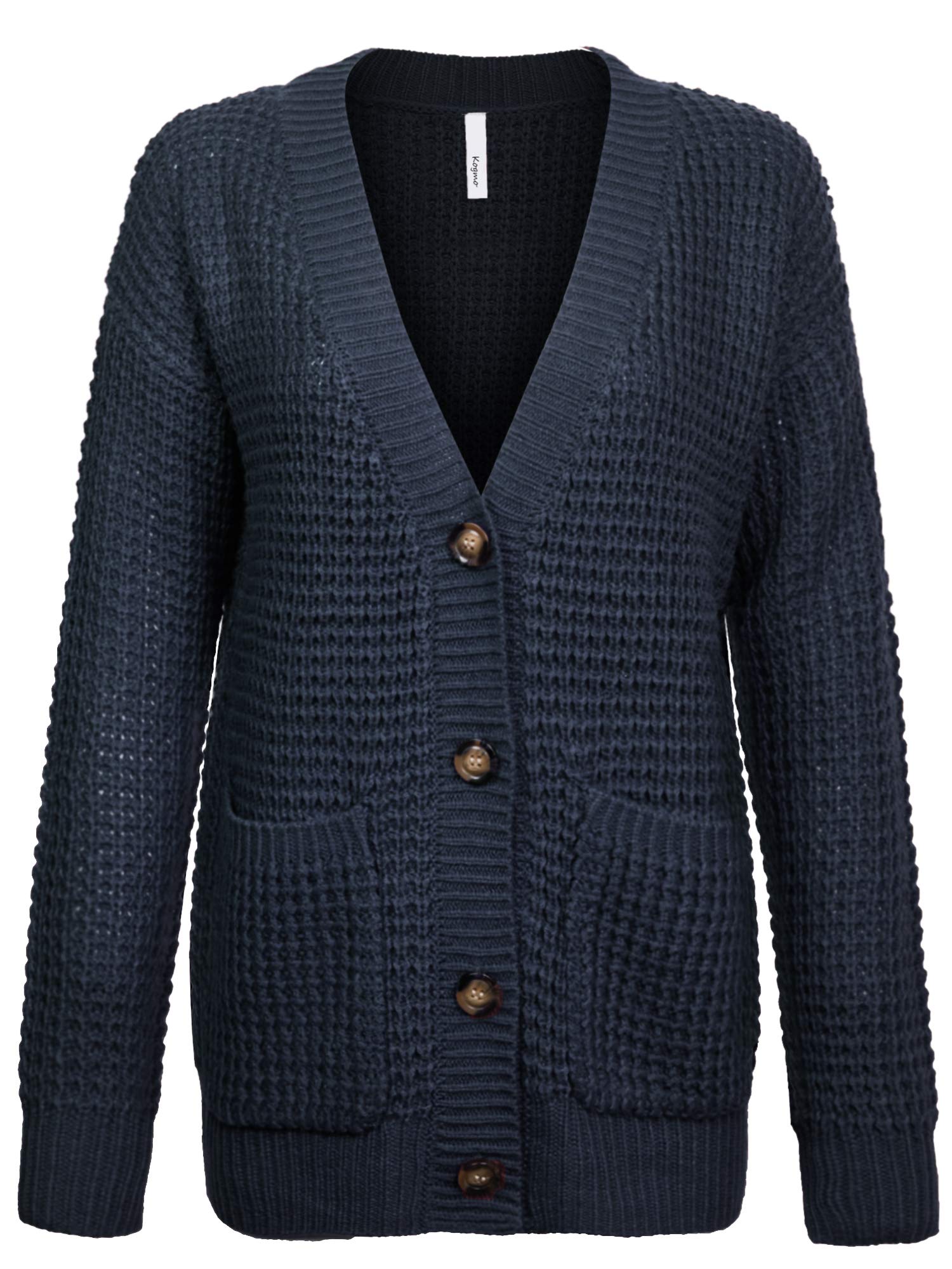 KOGMO Women's Waffle Knit Button Front Cardigan with Pockets - Cozy Fall Winter Sweater for Casual Outfits & Layering