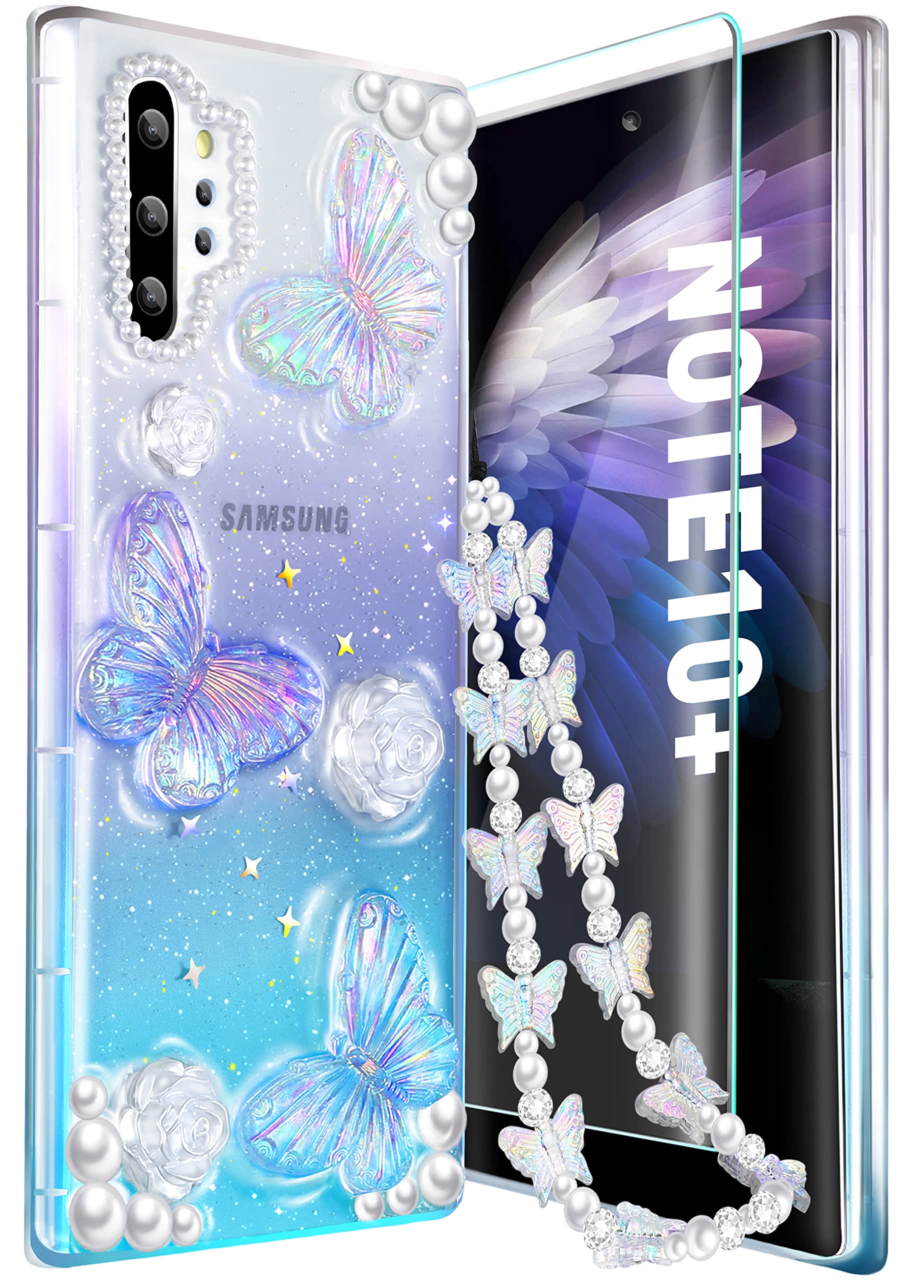 3-in-1 Samsung Galaxy Note 10 Plus Case - Crystal Clear Butterfly Design with Glitter Sparkle, Includes Phone Chain & Screen Protector | Stylish Protective Case for Women & Teen Girls | Perfect for School, Work & Everyday Use