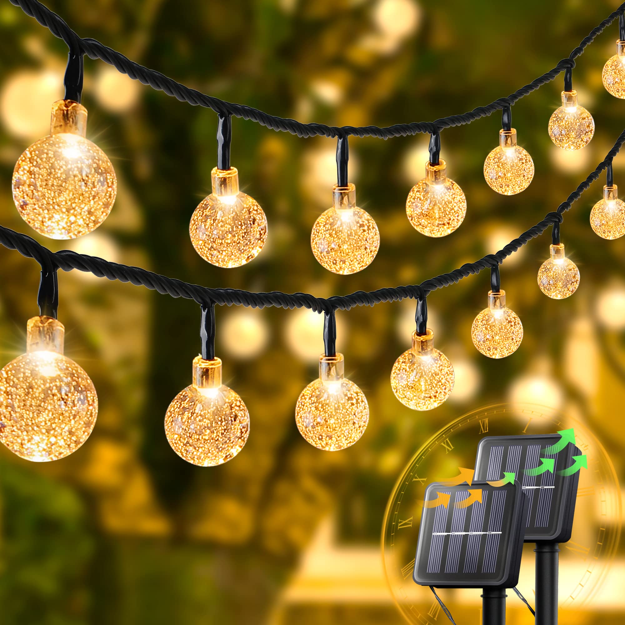 2-Pack 30 LED 20FT Solar String Lights Outdoor Waterproof - Crystal Globe Solar Powered Lights with 8 Lighting Modes for Garden, Yard, Porch, Patio, Wedding & Party Decor (Warm White) - Perfect for Backyard, Landscape Lighting and Evening Ambiance