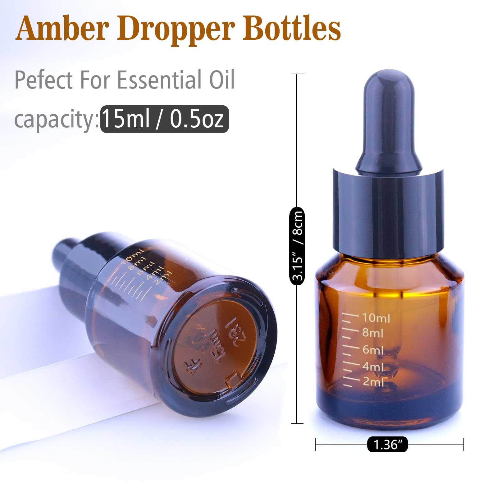 15ml Amber Glass Dropper Bottles with Measurement - 1/2 oz Essential Oil Jars with Glass Eye Dropper for Aromatherapy, Tinctures, DIY Skincare & Herbal Extracts - Perfect for Home, Travel & Gift Packaging