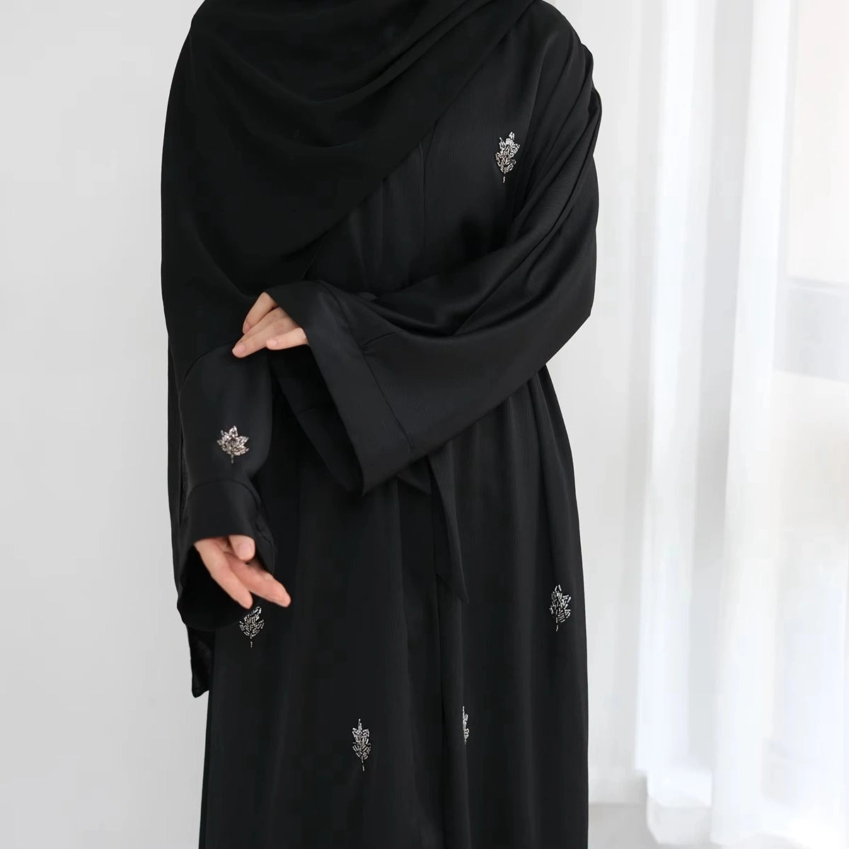 Hand Stitched Beaded Wrinkle Satin Cardigan Open Abaya #25829 - Elegant Muslim Women's Cover-Up for Prayer, Wedding & Special Occasions
