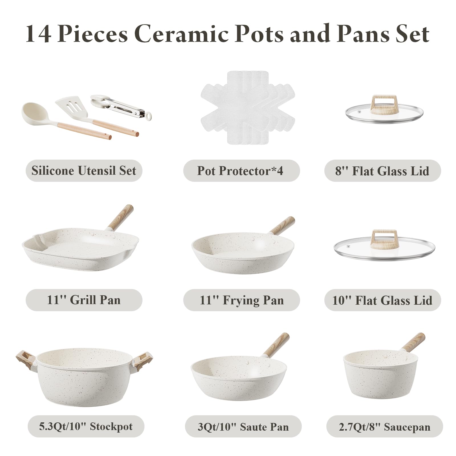 14-Piece Nonstick Ceramic Cookware Set - Large Capacity Pots and Pans with Utensils, PTFE/PFOA/PFAS Free, Healthy Induction Safe Kitchenware in Cream White - Perfect for Family Cooking & Professional Chefs