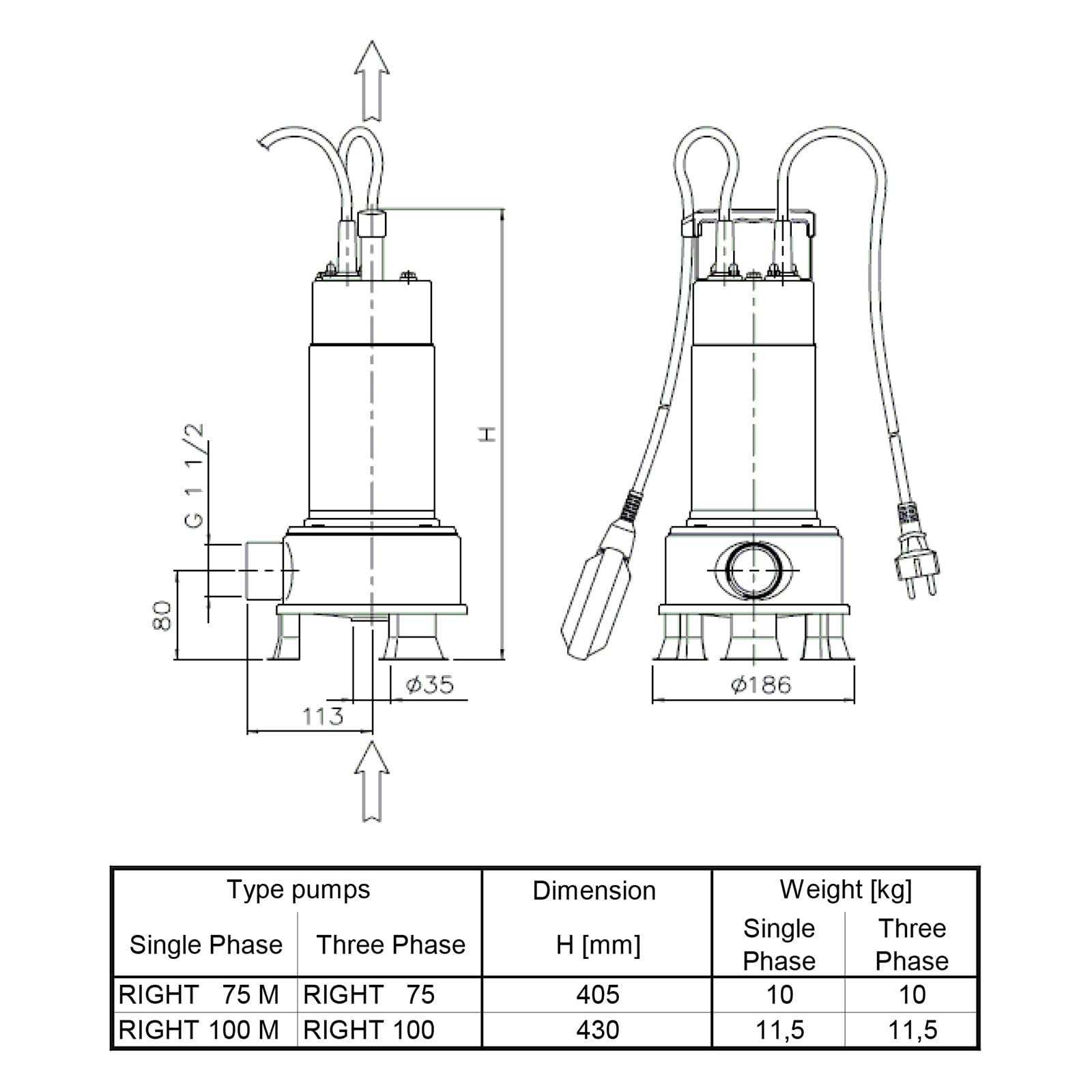 EBARA RIGHT 100 MA Single Phase Submersible Pump for Dirty Water with AISI 304 Stainless Steel - Ideal for Drainage, Sewage, and Industrial Water Transfer Applications