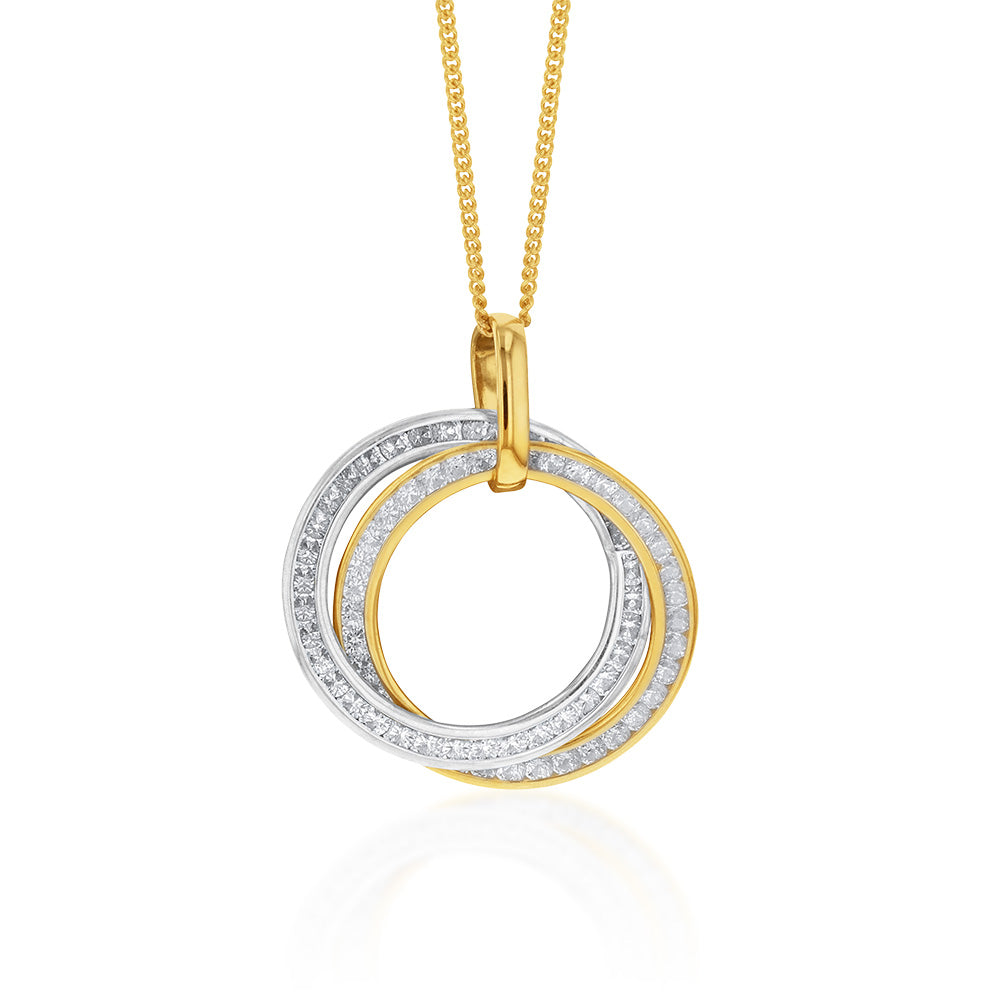9ct Yellow & White Gold Silver-Filled Cubic Zirconia Twin Circle Pendant Necklace - Elegant Jewelry for Women, Perfect for Date Night & Special Occasions