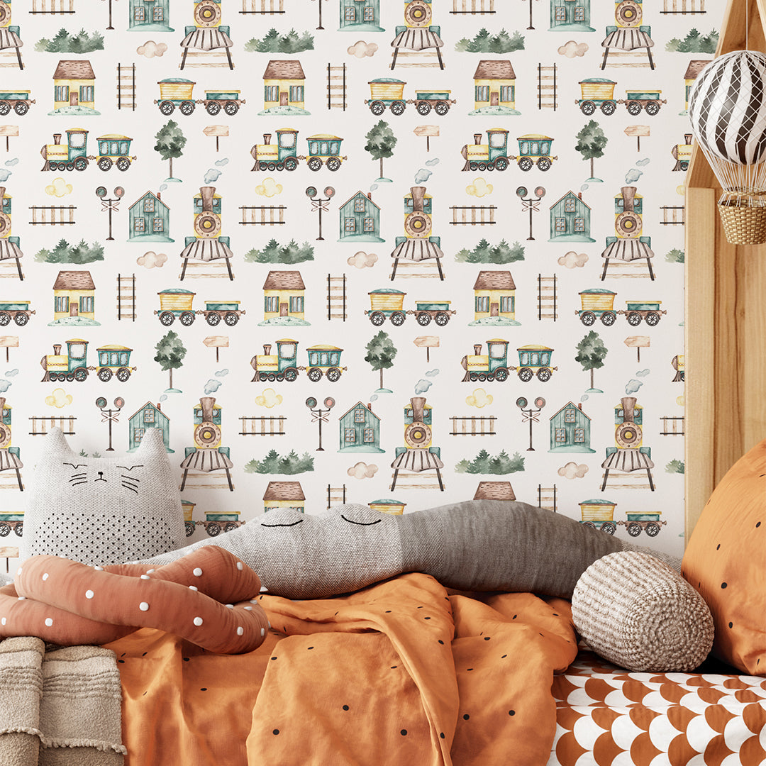 Cartoon Train Railroad Wallpaper CC293 - Kids Room Decor, Nursery Wall Mural, Playroom Design, DIY Home Decoration for Boys & Girls