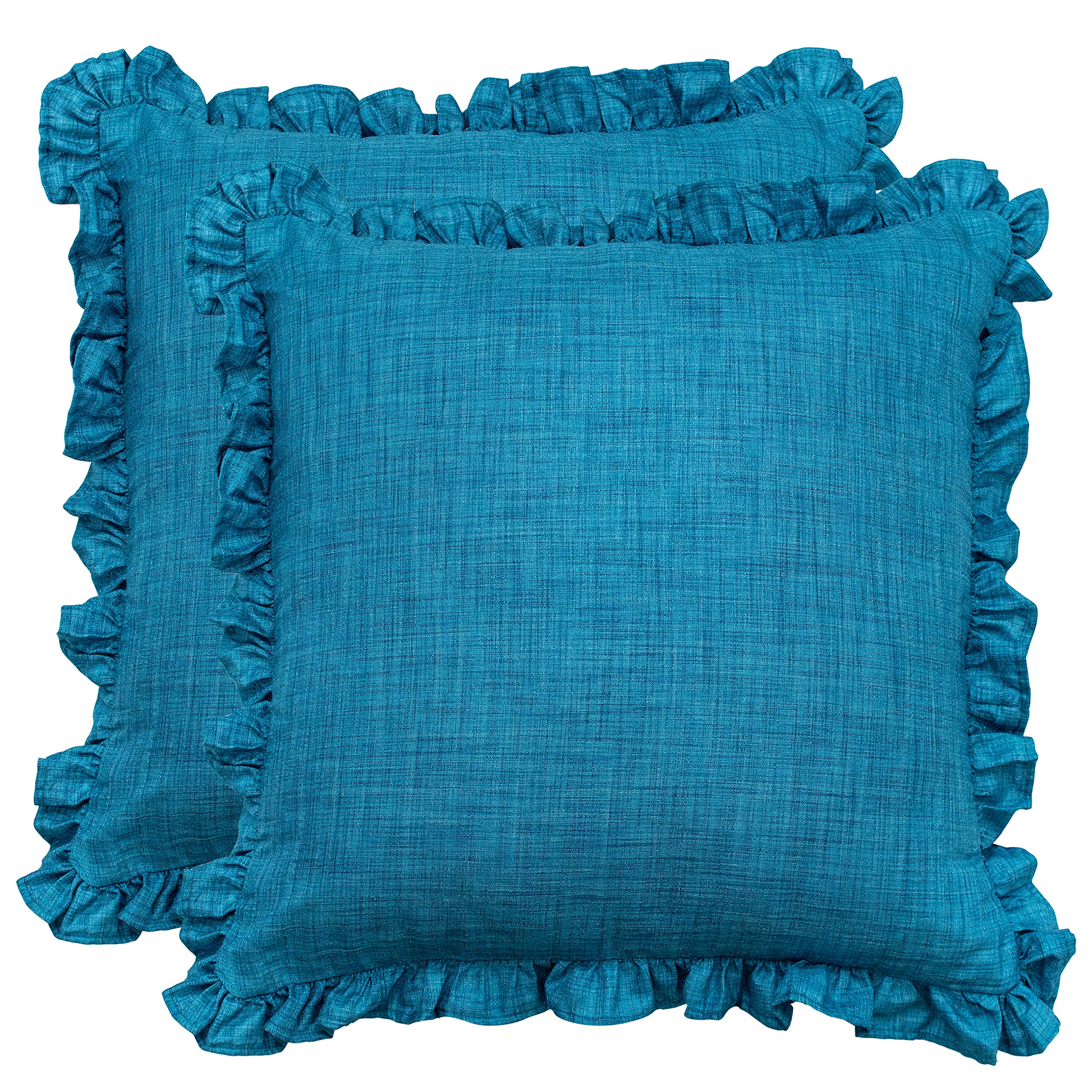 Turquoise Floral Frill Polyester Decorative Pillow Covers - Washable Sofa Couch Bed Pillowcases - Set of 2 (16x16 Inches) for Living Room, Bedroom & Home Decor
