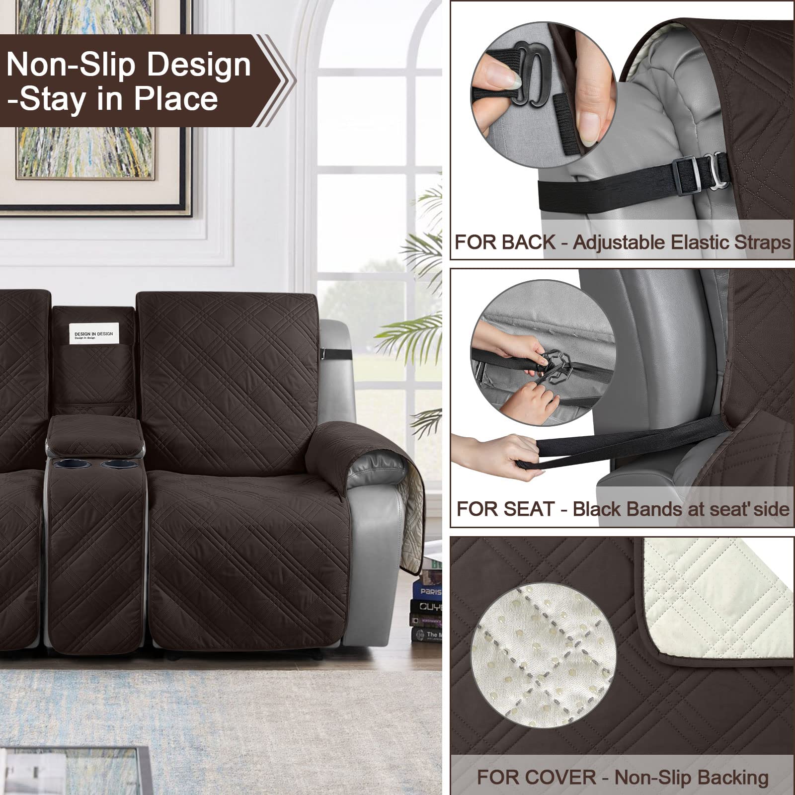 TAOCOCO 100% Waterproof Recliner Sofa Cover with Console - 3 Seat Stretchable Furniture Protector for Pets & Kids | Split Design with Secure Straps | Chocolate Brown | Perfect for Living Room, Family Room & Home Theater Use