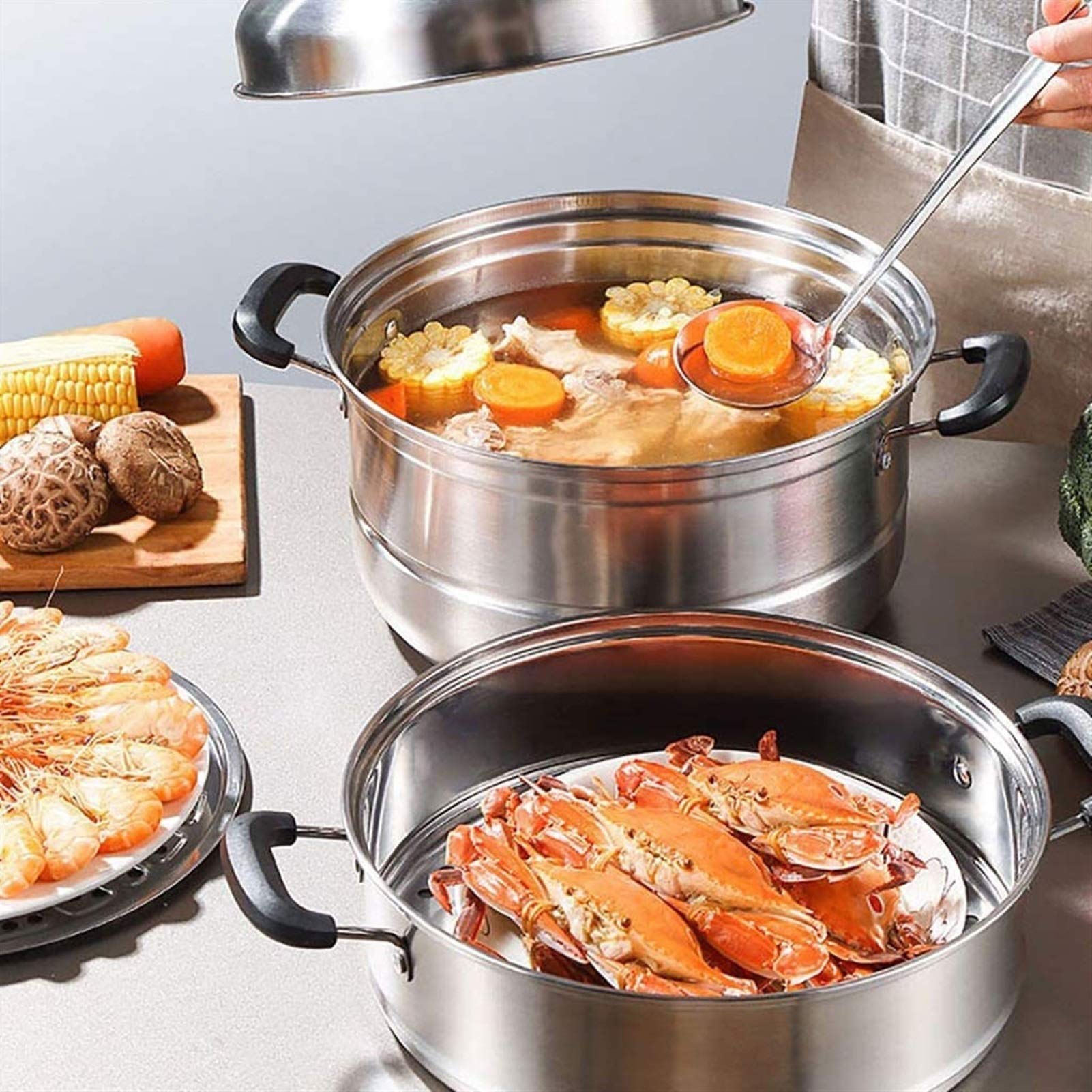 3-Tier Stainless Steel Steamer Pot with Tempered Glass Lid - Multi-Purpose Cookware for Electric, Induction, Grill Stovetops - Dishwasher Safe - Perfect for Dumplings, Vegetables, Seafood & Meal Prep