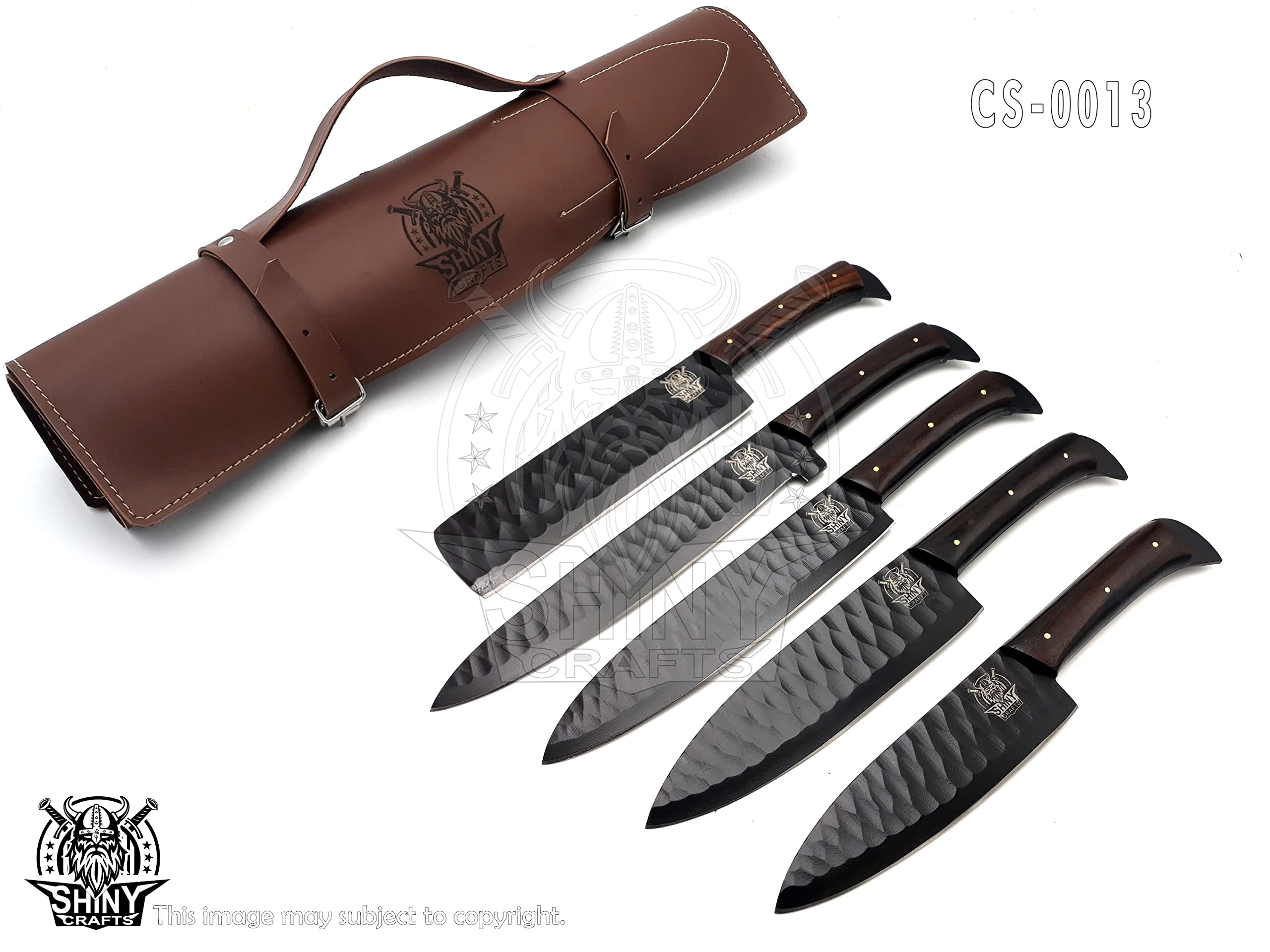 Premium Handmade Damascus Steel Kitchen Knife Set - Forged Black Coated Chef Knives with Walnut Wood Handle & Razor-Sharp Blade, Includes Leather Pouch Roll (CS-13) - Perfect for Professional Chefs, Home Cooking & Culinary Gifts