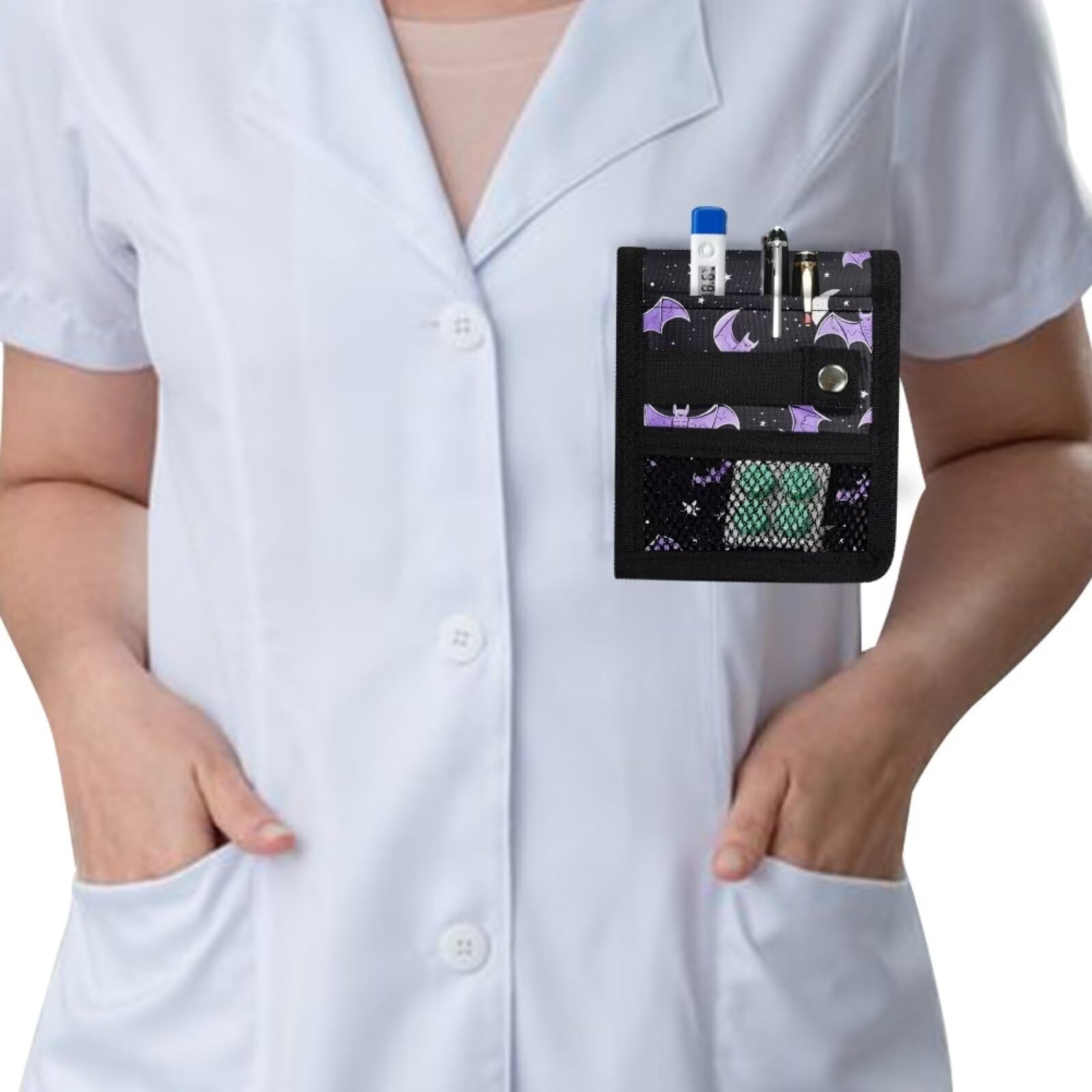 Bat Print Nurse Organizer Bag - 3 Pocket Hospital Pouch for Medical Supplies & Essentials | Perfect for Nurses, Doctors & Healthcare Professionals