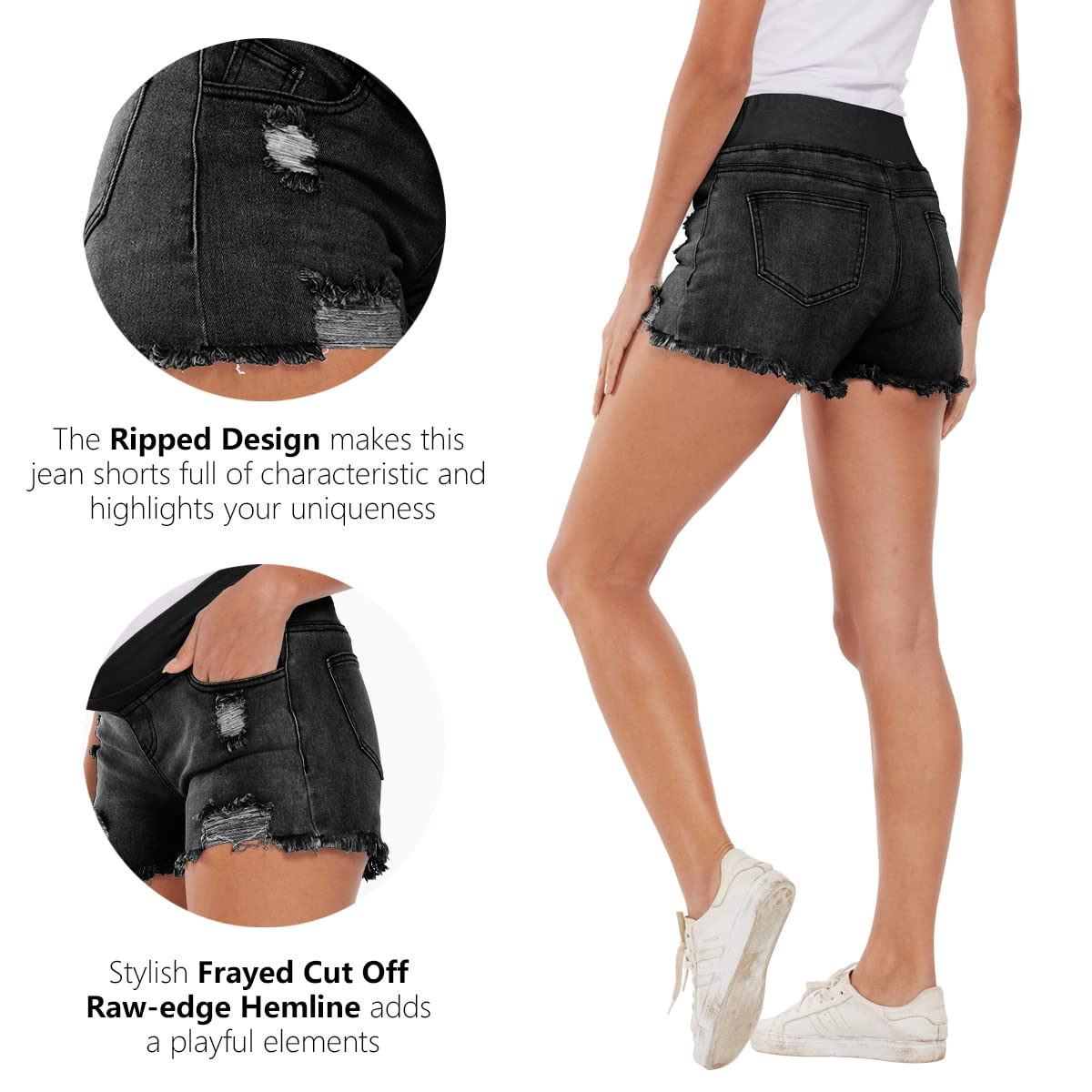 Foucome Women's Maternity Ripped Jean Shorts - Distressed Denim Shorts for Summer - Comfortable Pregnancy Outfit for Casual Wear, Beach & Vacation