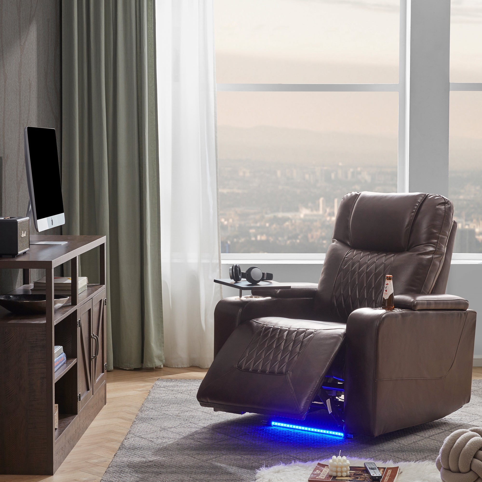 Electric Power Lift Recliner Chair with USB Charging Port, Hidden Arm Storage & 360° Swivel Tray - Brown Leather Massage Chair for Living Room, Home Theater & Elderly Care
