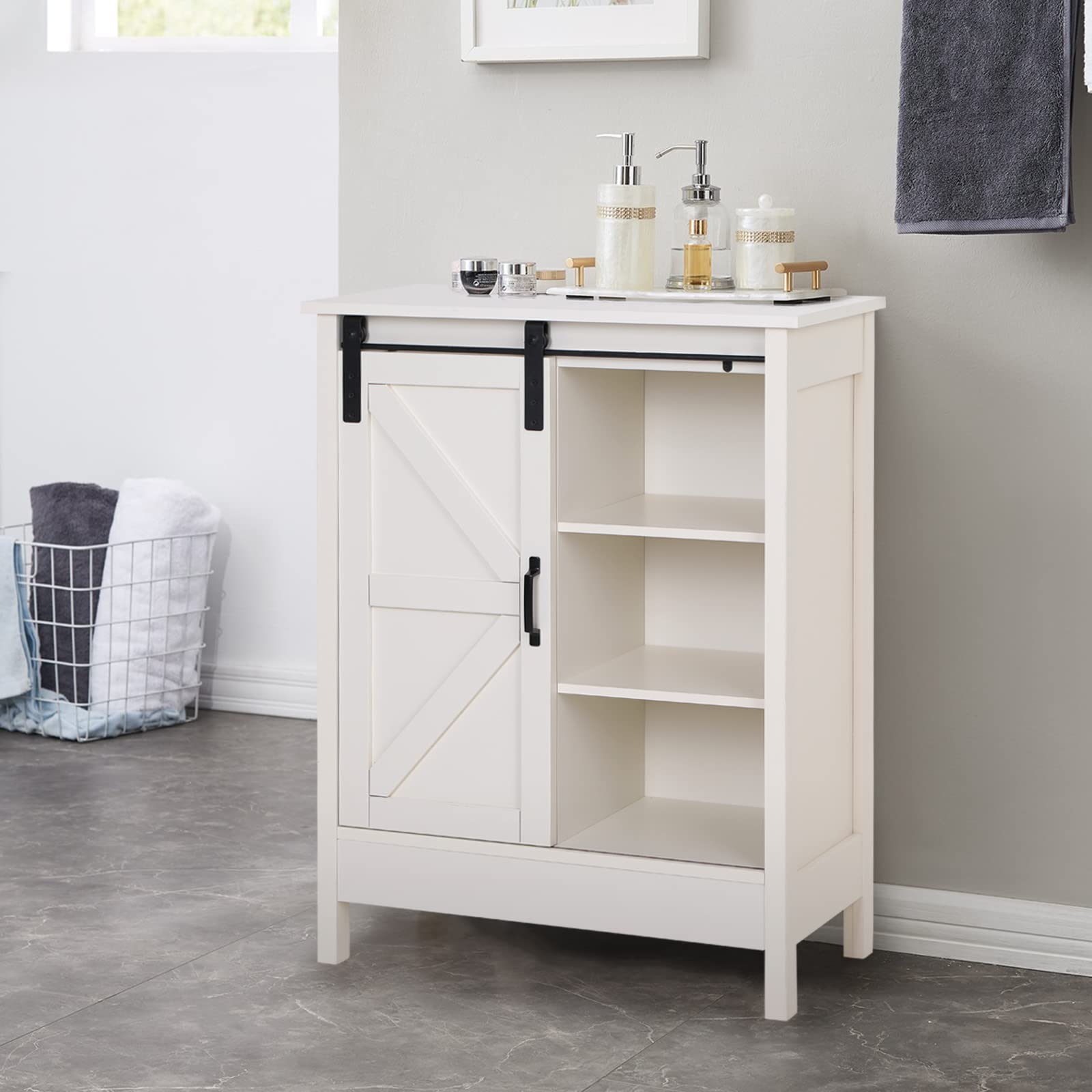 Sophia & William Farmhouse Bathroom Storage Cabinet with Sliding Barn Door - Free Standing Floor Cabinet for Kitchen, Bathroom or Entryway - Ivory Storage Organizer for Towels, Linens and Home Essentials