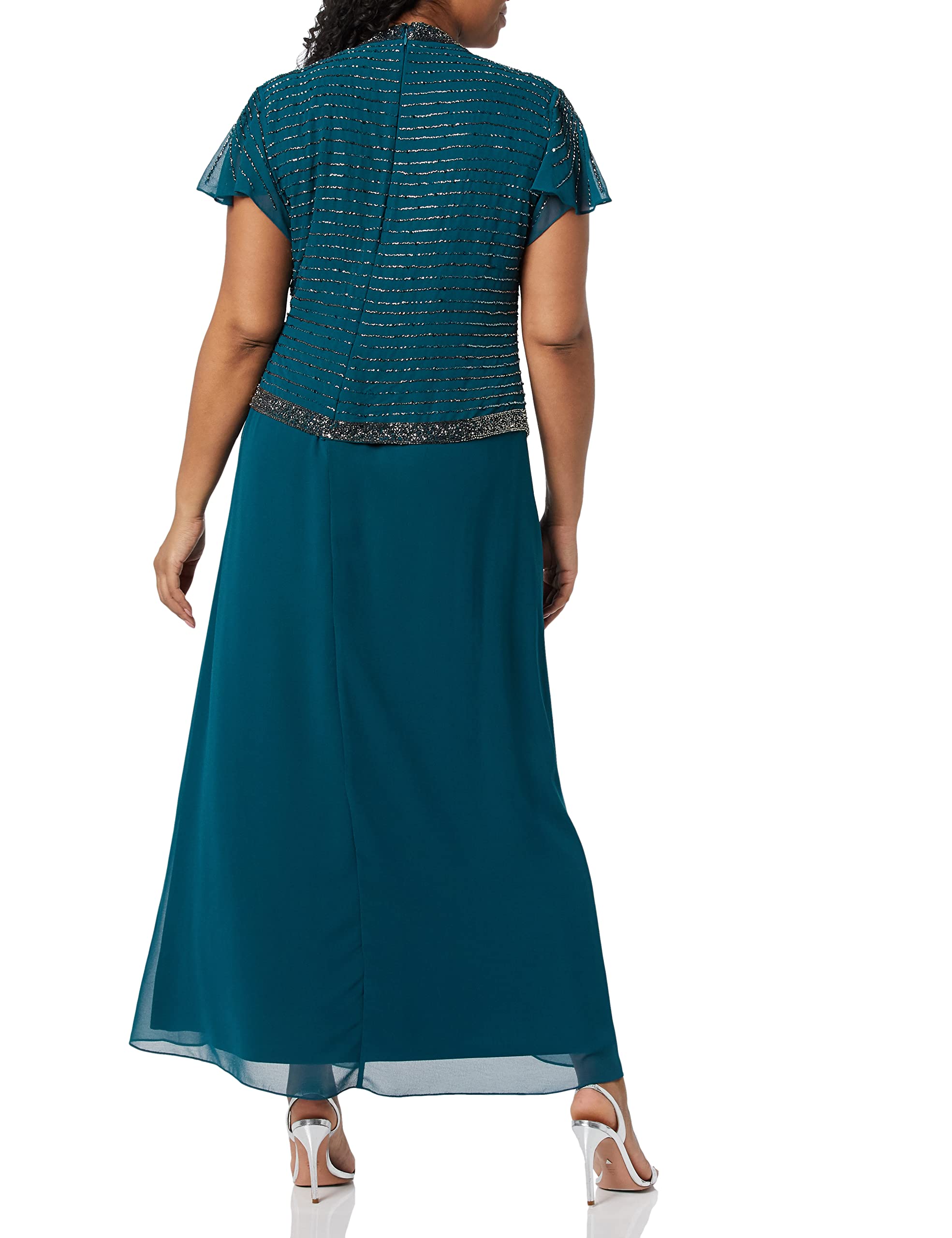 J Kara Women's Plus Size Faux Wrap Long Dress with Flutter Sleeves - Elegant Flowy Maxi Dress for Casual Wear, Parties & Special Occasions