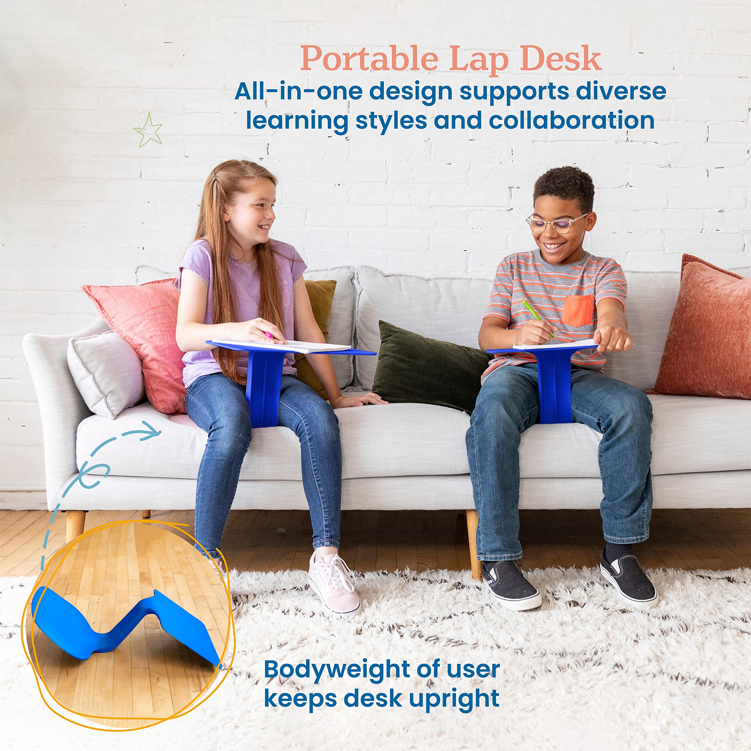 ECR4Kids The Surf Portable Lap Desk - Lightweight & Adjustable for Kids & Adults - Flexible Seating Solution for Home, School & Office - Blue Study & Work Tray for Reading, Writing, Laptop Use in Bed, Couch or Car