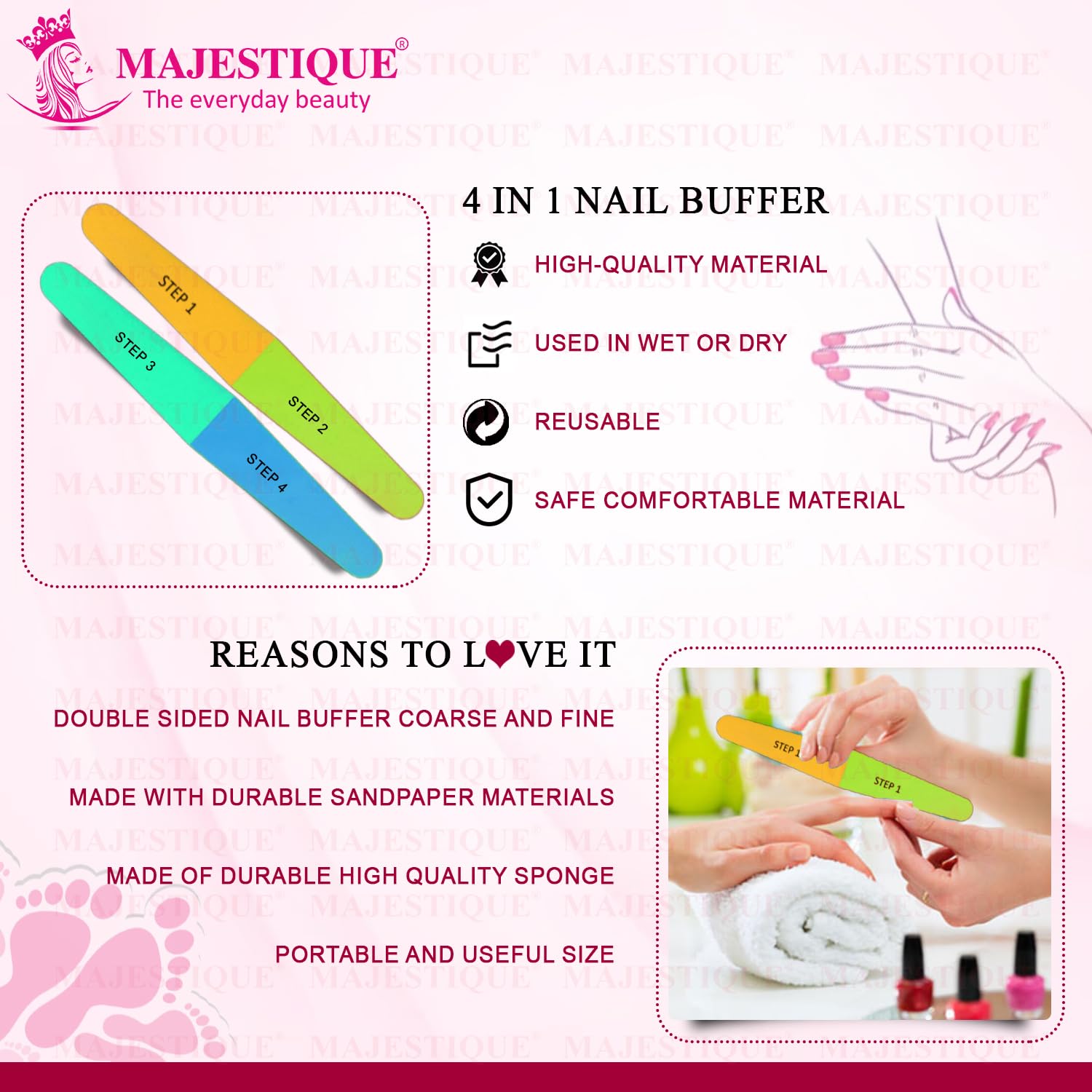 Majestique 4-in-1 Nail File & Buffer Set - Professional Manicure Tools for Smooth, Shiny Nails | All-Purpose Nail Care Kit with File, Buffer & Shiner | Perfect for Home & Salon Use | 1 Pack