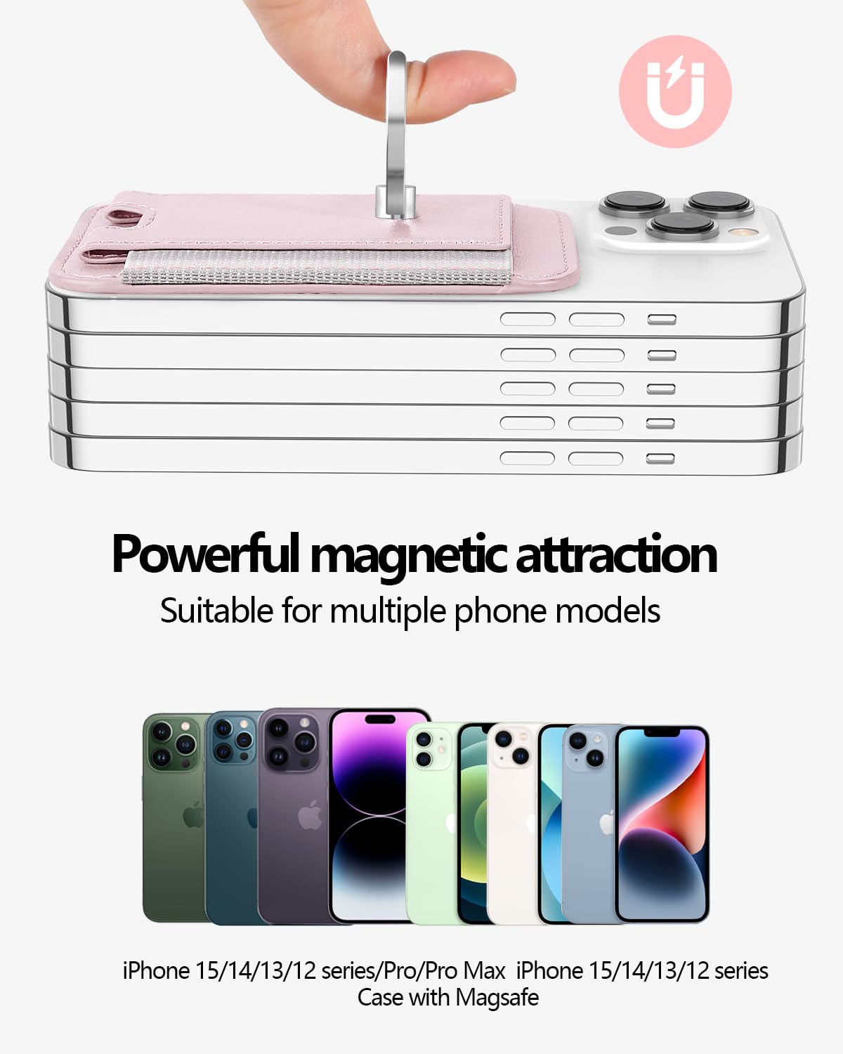 Miroddi Magnetic Wallet for iPhone 16/15/14/13/12 Series - Leather Magsafe Card Holder with Grip & Ring Stand | Slim RFID Blocking Wallet Fits 6 Cards (Pink) | Perfect for Everyday Use, Travel & Contactless Payments