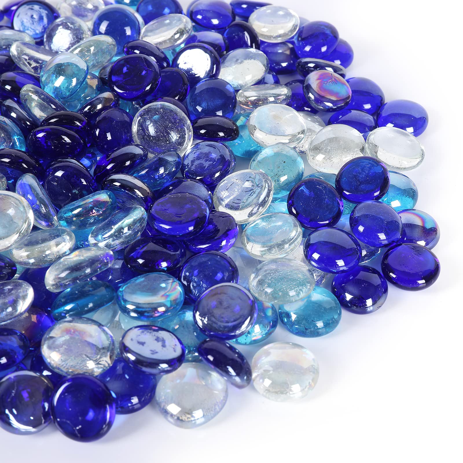 5LB Fire Glass Beads - Flat Glass Marbles for Fire Pit & Fireplace, Vase Filler, Aquariums, Hydroponics - Blue Mixed Gems for Home Decor, Christmas DIY Crafts & Outdoor Entertaining
