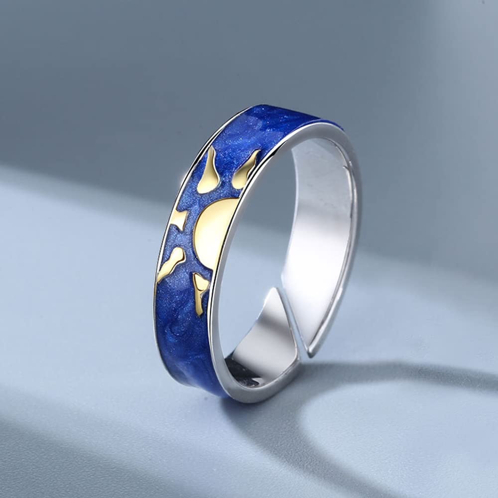 Blue Sun Moon Open Ring Set for Men & Women - Adjustable Starry Sky Couple Rings, Wedding Bands, Anniversary & Engagement Promise Rings - Perfect for Romantic Gifts, Date Nights & Special Occasions