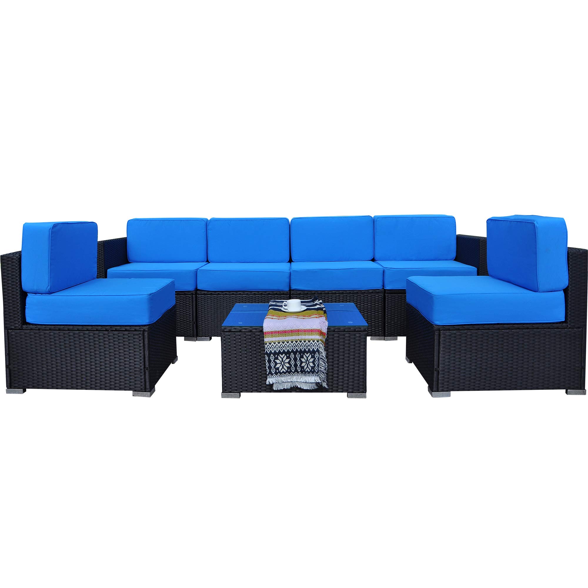 MCombo 7-Piece Outdoor Patio Furniture Set - Wicker Sectional Sofa with Cushions, Glass Coffee Table & 2 Ottomans - Weather-Resistant Garden Conversation Set for Backyard, Poolside & Deck Relaxation