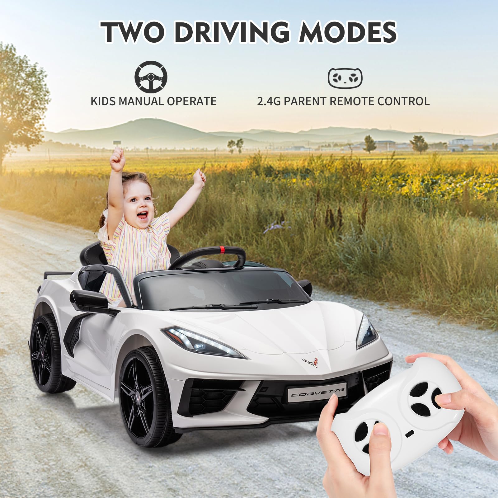 12V Kids Electric Ride-On Car - Licensed Corvette Style Battery-Powered Toy with Remote Control, LED Lights & Music - Toddler Sports Car for Boys & Girls (White) - Perfect Birthday Gift & Outdoor Play Vehicle for Ages 3-6