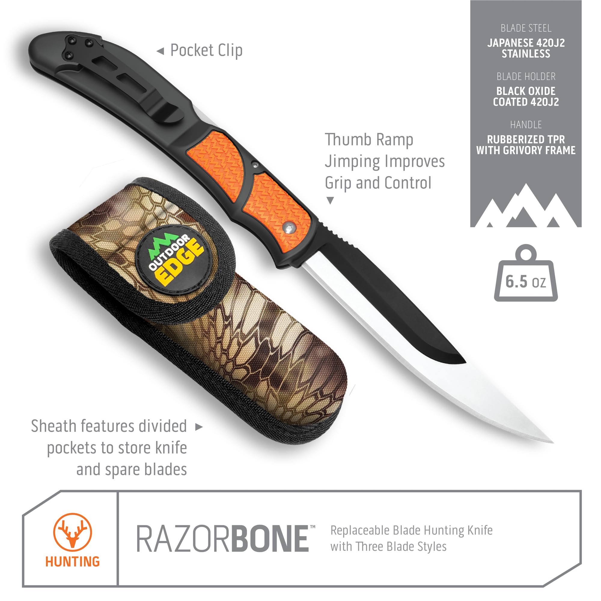 OUTDOOR EDGE RazorBone Replaceable Blade Folding Hunting Knife with Clip & Sheath - 3 Blade Styles (Boning, Gutting, Skinning) | Blaze Orange Handle, Camo Sheath, 6 Blades & Storage Box | Ideal for Hunting, Camping, Field Dressing & Outdoor Survival