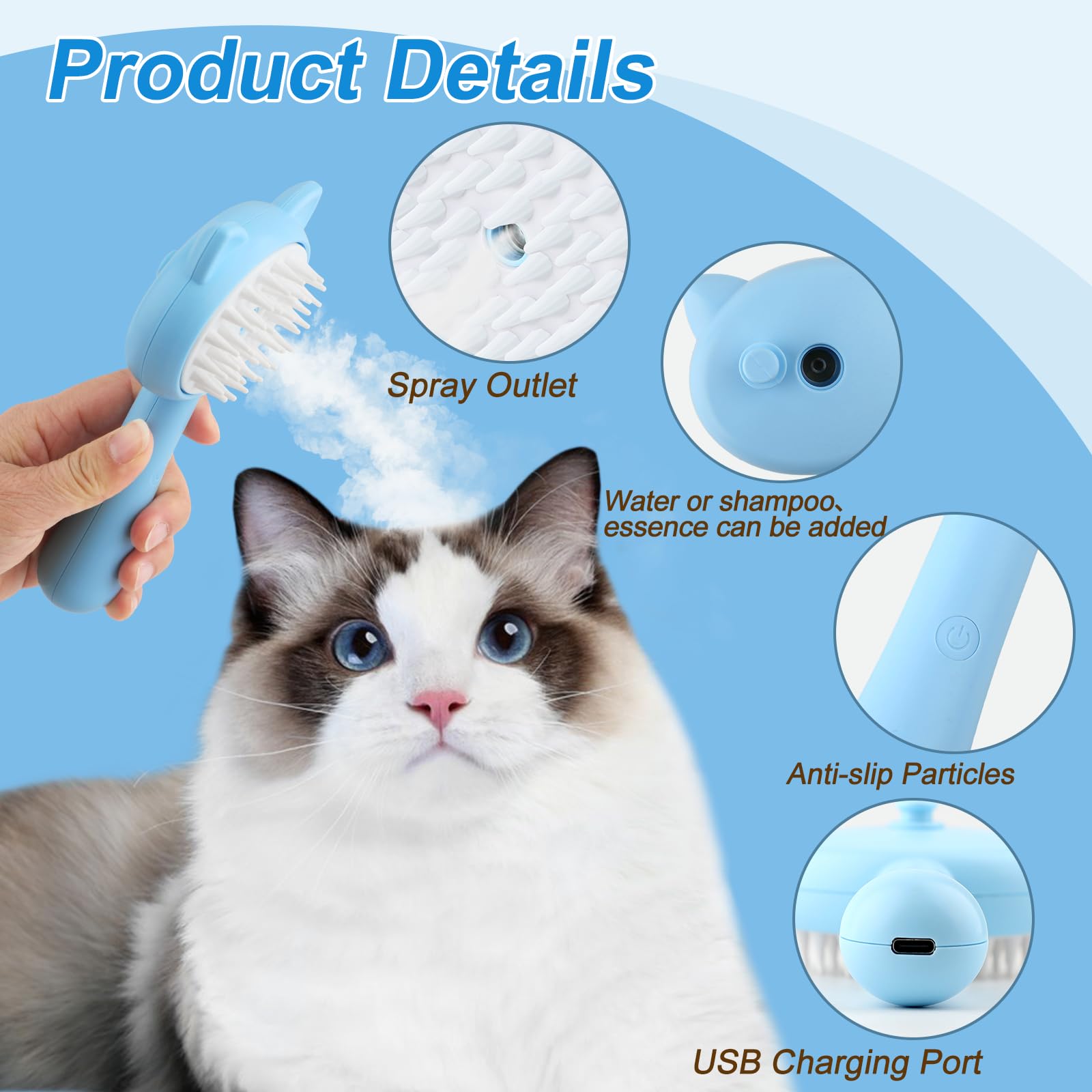 3-in-1 Cat Steam Brush & Pet Grooming Tool - Electric Silicone Hair Steam Brush for Dogs & Indoor Cats (Blue) - Perfect for Detangling, De-Shedding & Relaxing Your Furry Friends at Home