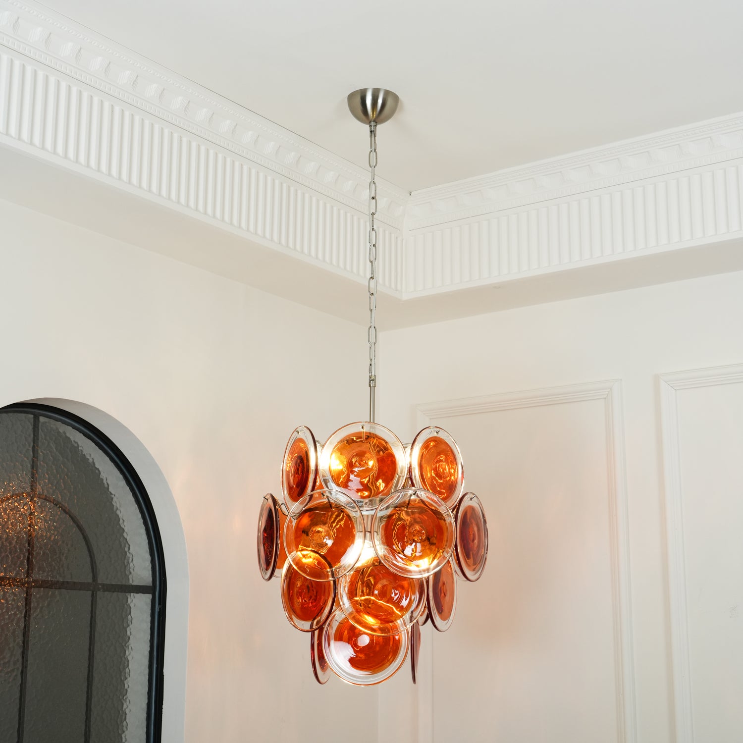 Murano Orange Disk Glass Chandelier - Handcrafted Venetian Glass Ceiling Light Fixture for Dining Room, Living Room, or Bedroom Decor