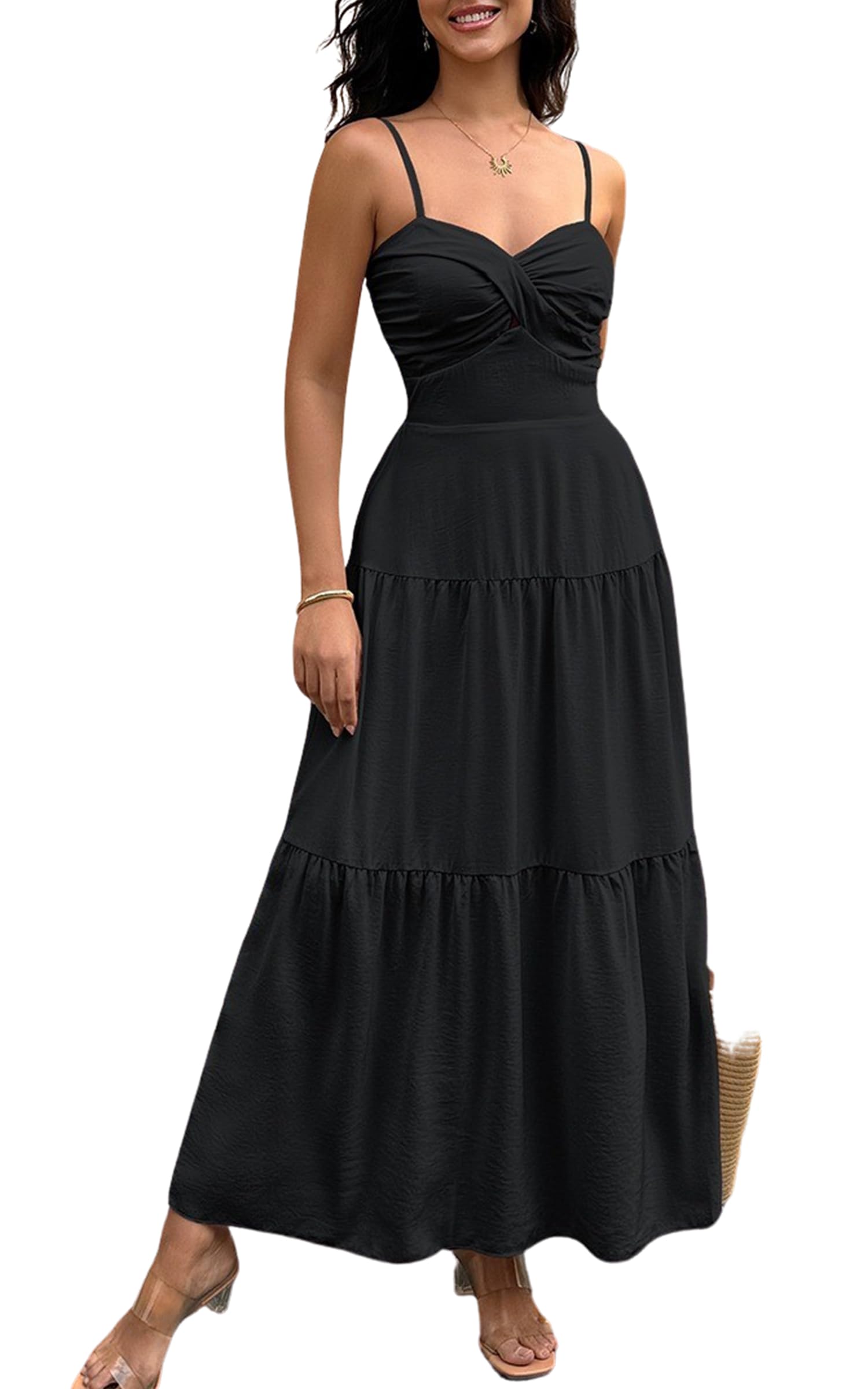 ECOWISH Women's Strapless Maxi Dress 2025 - Off Shoulder Hollow Out Smocked A-Line Long Dress for Summer Beach Wedding Party Vacation