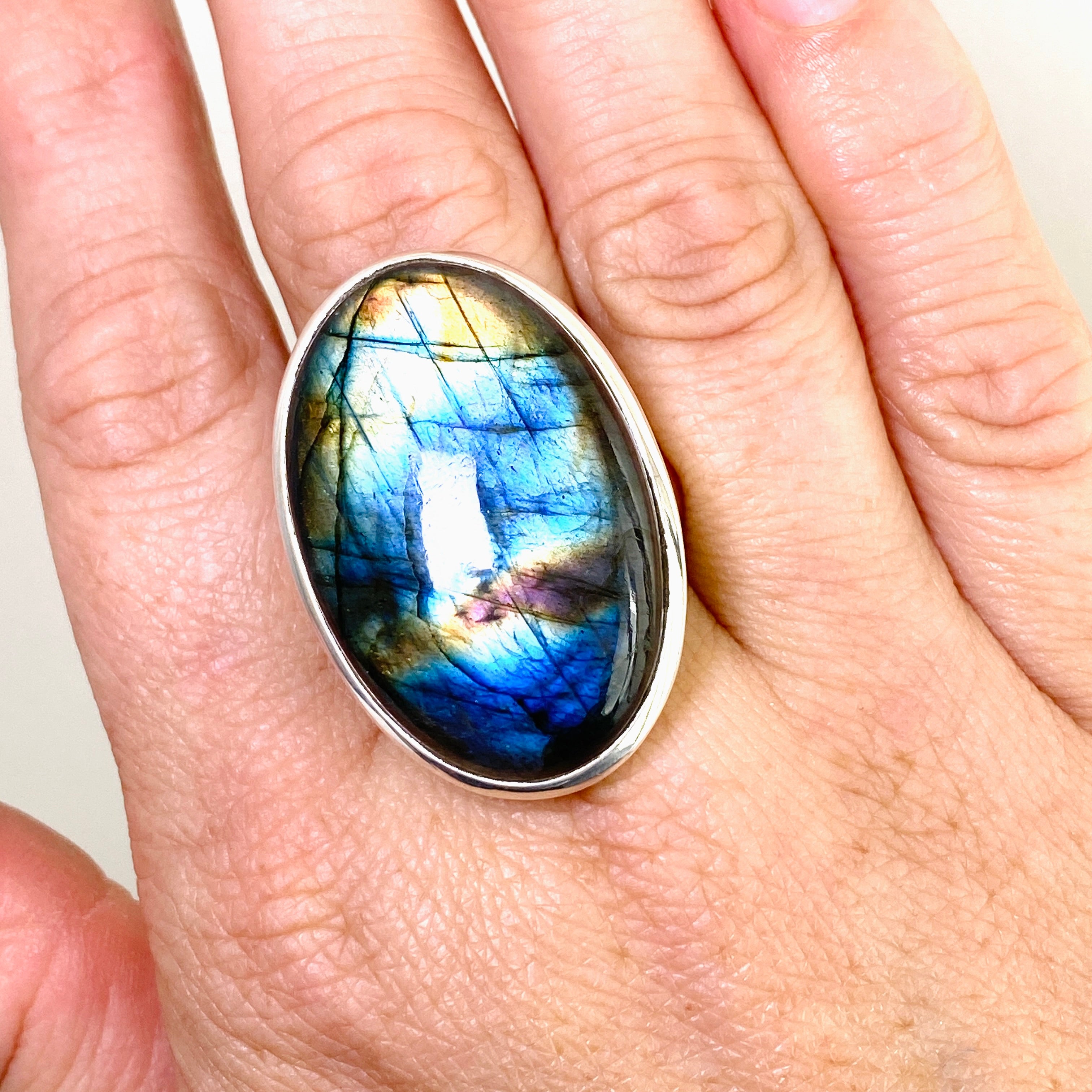 Labradorite Oval Cabochon Ring - Size 13 - Natural Stone Jewelry - Handmade Sterling Silver Ring for Women - Perfect for Boho Fashion & Spiritual Healing
