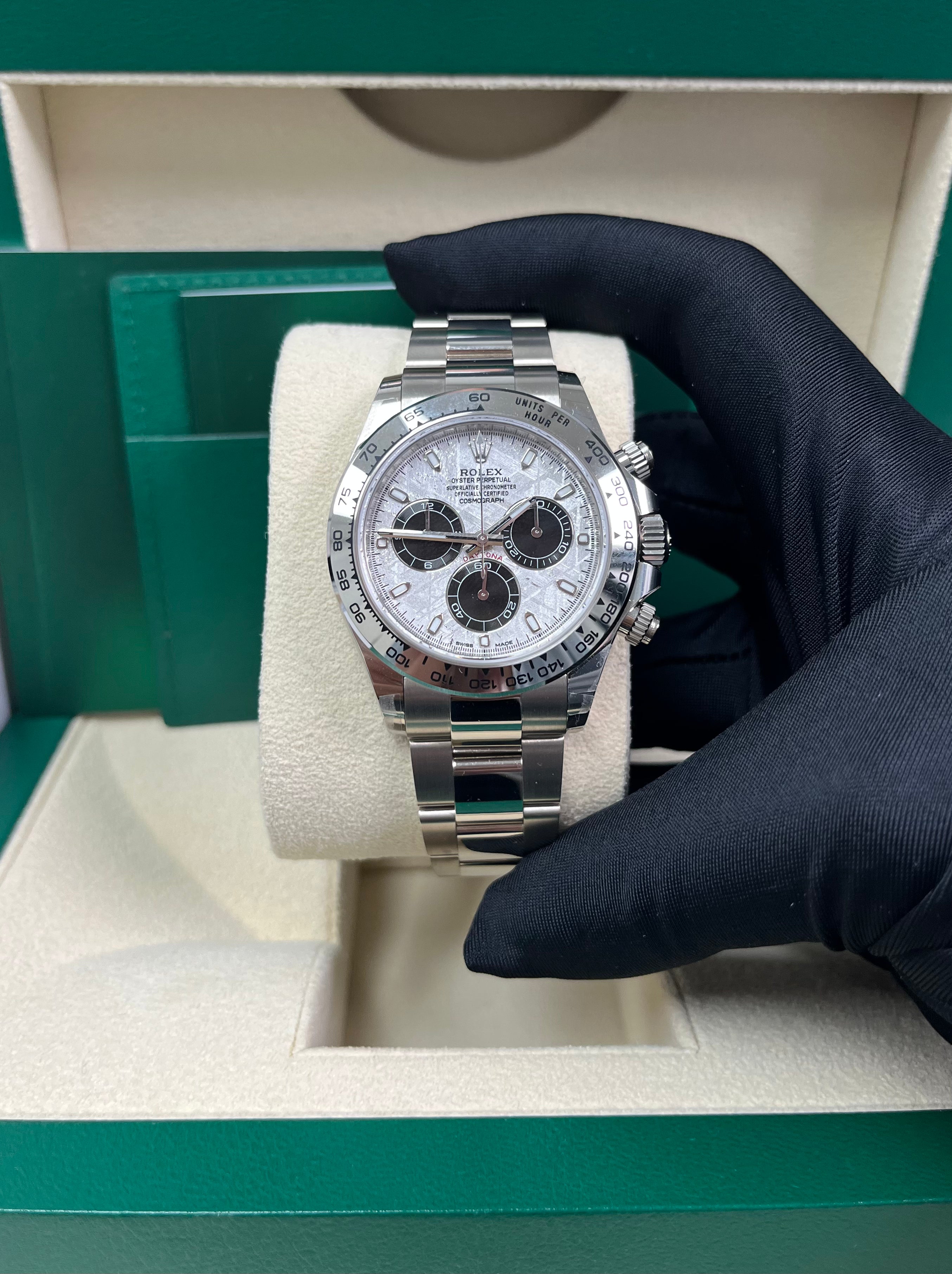 Rolex Daytona 116509 40mm White Gold Watch with Meteorite Dial & Black Oyster Bracelet - Luxury Men's Chronograph for Business, Gifting & Special Occasions