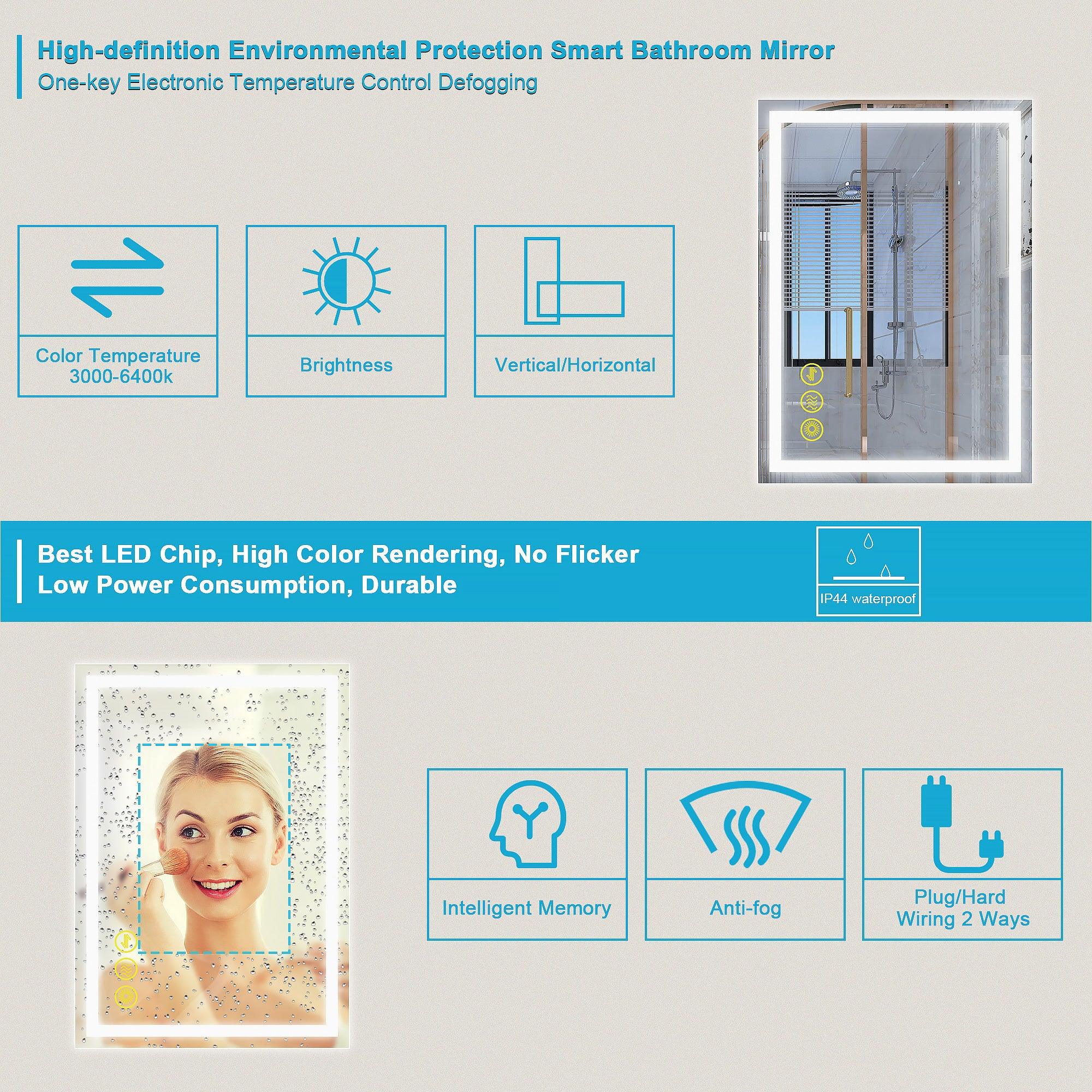 Anti-Fog LED Bathroom Mirror with Backlit Illumination - Touch Switch & Dimmable Light for Makeup Vanity, Shaving, and Home Decor