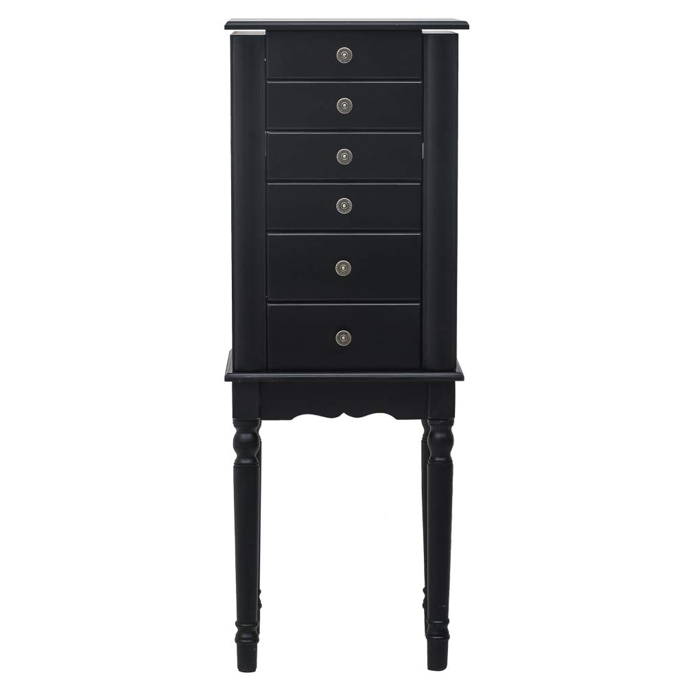 Standing Jewelry Armoire with Full-Length Mirror - 5 Drawers & 8 Necklace Hooks, Jewelry Storage Cabinet with Top Organizer & 2 Side Doors (Black) - Perfect for Bedroom, Closet & Dressing Room Organization