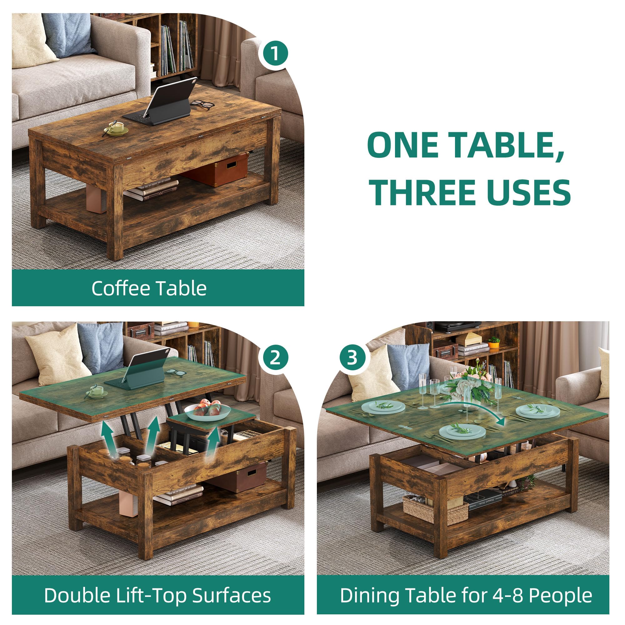 YITAHOME Lift Top Coffee Table with Storage - 3-in-1 Multi-Function Wooden Center Table with Hidden Compartment, Rustic Brown Farmhouse Style for Living Room | Perfect for Small Spaces, Home Office & TV Room Decor