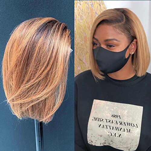 Ombre Color 4x27 Lace Closure Wigs - Human Hair PU Silk Base Bob Frontal Wig - Short Straight Lace Front Wigs with Brown Root Blonde Shoulder Length (10inch, 130 Density) for Black Women - Perfect for Daily Wear, Parties & Special Occasions
