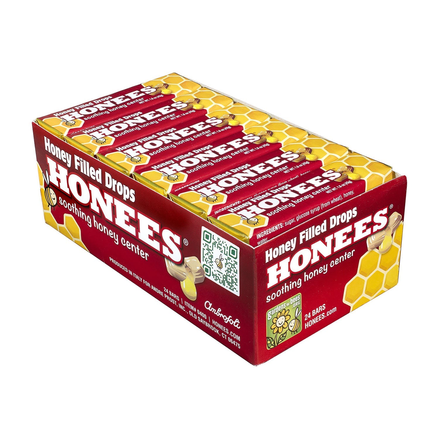 Honees Honey Filled Drops Bar - 1.6oz (24 Count) | Natural Throat Soothing Candy | Perfect for Cough Relief, Travel & On-the-Go Snacking