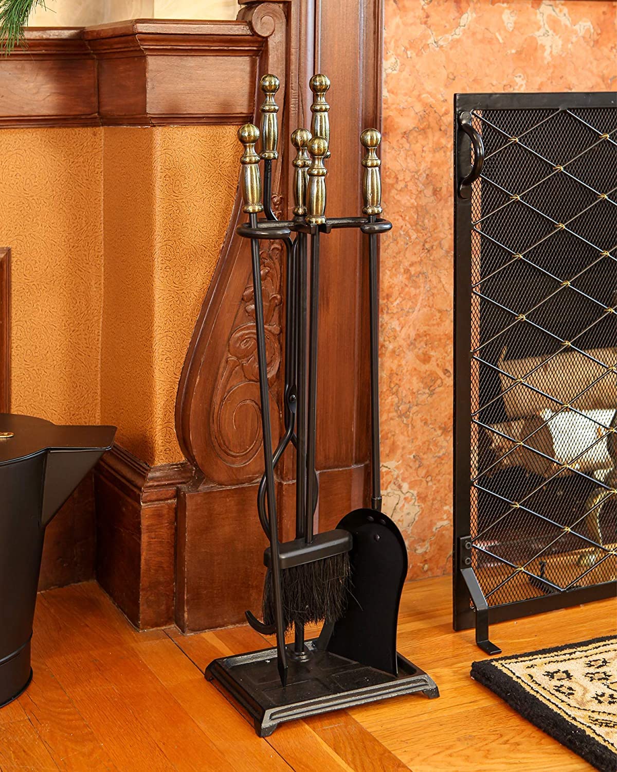 Westminster 5-Piece Fireplace Tool Set - Elegant Antique Brass & Black Iron Design for Luxury Home Decor - Perfect for Fireplace Maintenance & Cozy Living Room Ambiance