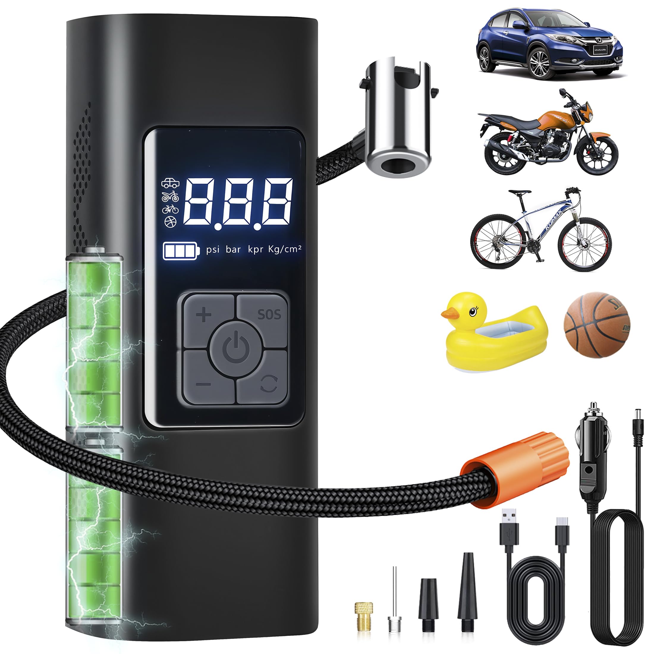 Portable Electric Air Pump for Car Tires - 150 PSI Cordless Rechargeable Tire Inflator with Pressure Gauge, Fast 3X Inflation - Perfect for Emergency Roadside Use, Travel, and Home Garage Maintenance