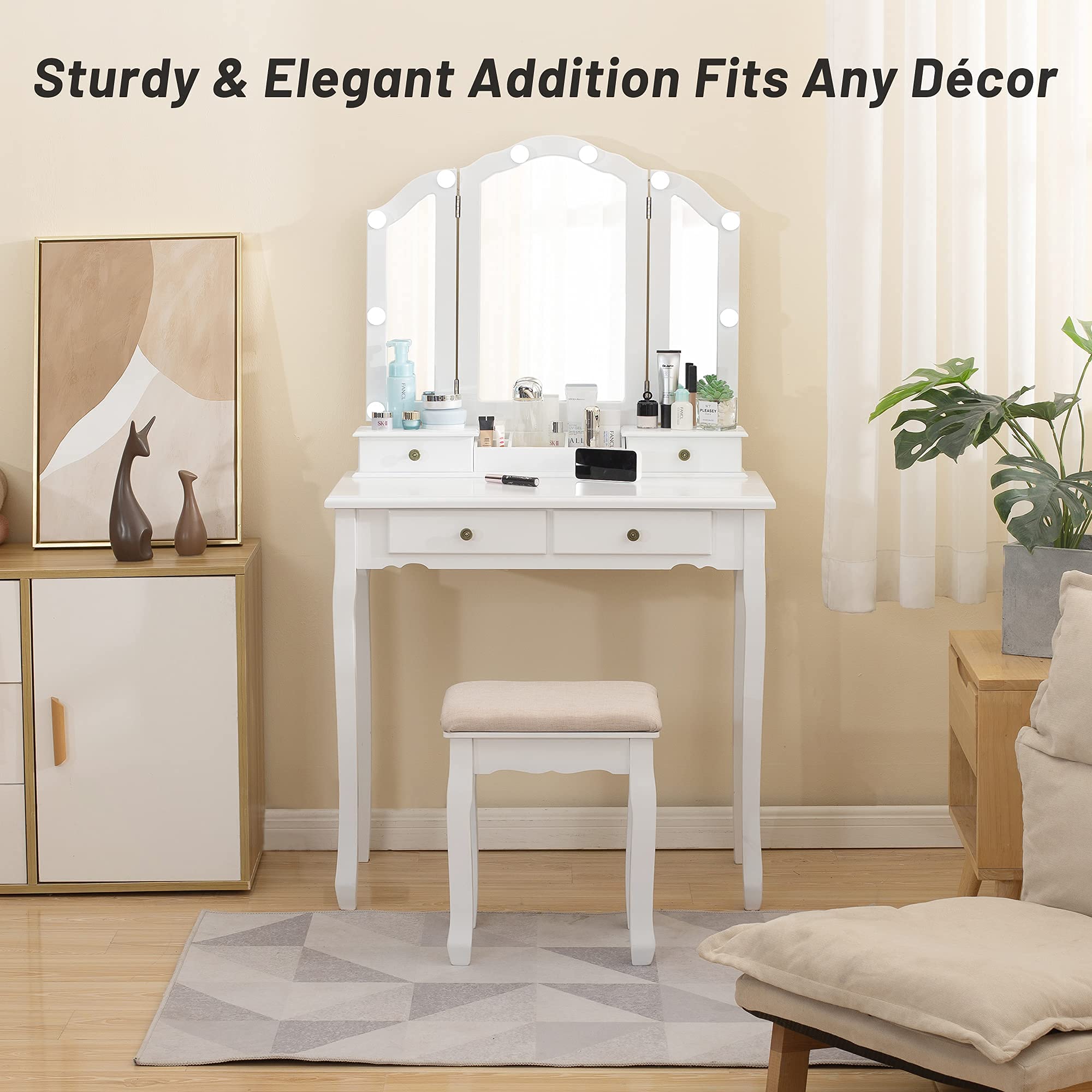 Caroeas White Tri-Fold Makeup Vanity Set with LED Lights - Solid Wood Vanity Table with Mirror, Padded Stool, 4 Drawers & Storage Compartments - Perfect for Bedroom, Dressing Room & Beauty Salon