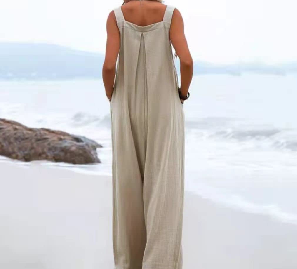 XFLnaraz Women's Wide Leg Jumpsuit - Sleeveless Suspender Romper Pants, Loose Fit One Piece Outfit for Casual Wear, Summer Vacation & Beach Outings