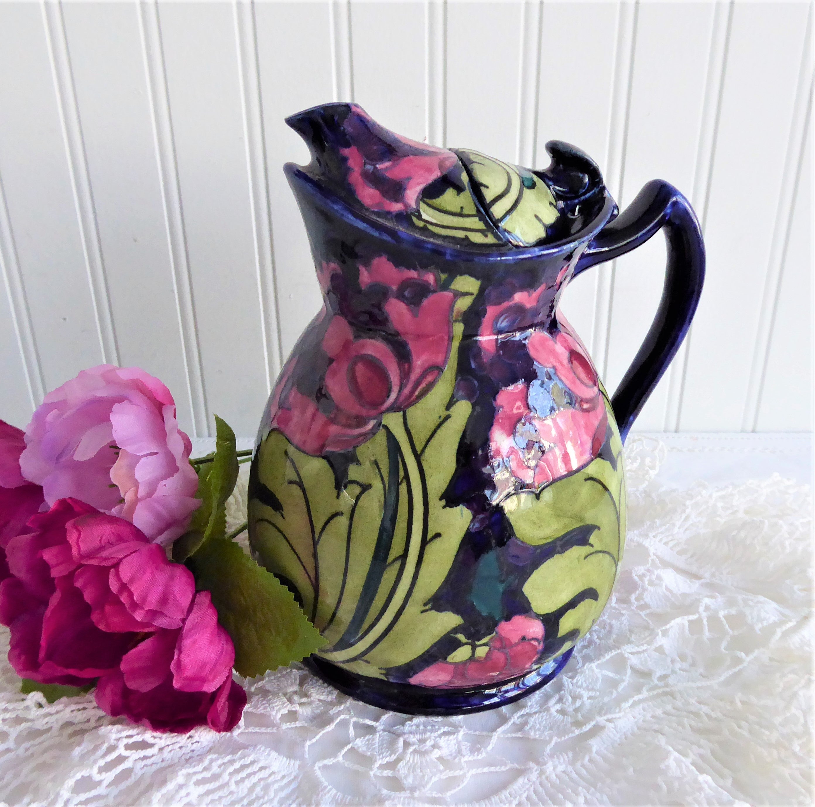 Vintage 1920s Charlotte Rhead Teapot Cosy - Dripless Seed Poppy Design in Pink, Cobalt & Green - Rare Collectible Tubelined Pot Cover for English Tea Ceremony & Antique Home Decor