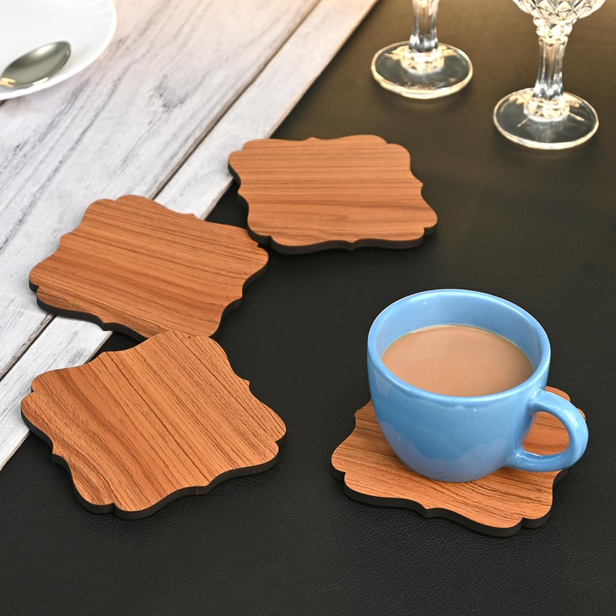 Premium Maharaja Design Wooden Coasters Set - 4 Pack Eco-Friendly Non-Slip Table Coasters for Coffee, Tea, Wine & Beer Glasses (4x4 Inch) - Perfect for Home, Office, and Restaurant Use