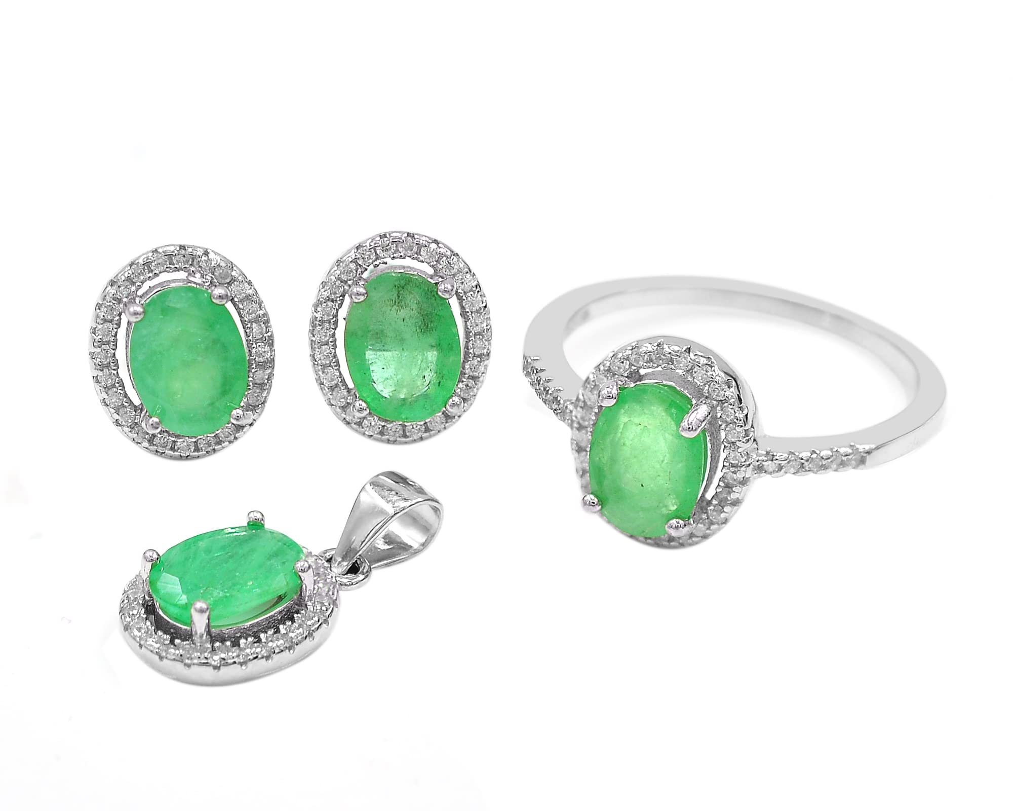 8X6 MM Natural Green Emerald Gemstone Jewelry Set - 925 Sterling Silver Ring, Earrings & Pendant for Women | May Birthstone Gift for Wife, Anniversary Present | Perfect for Weddings, Parties & Special Occasions