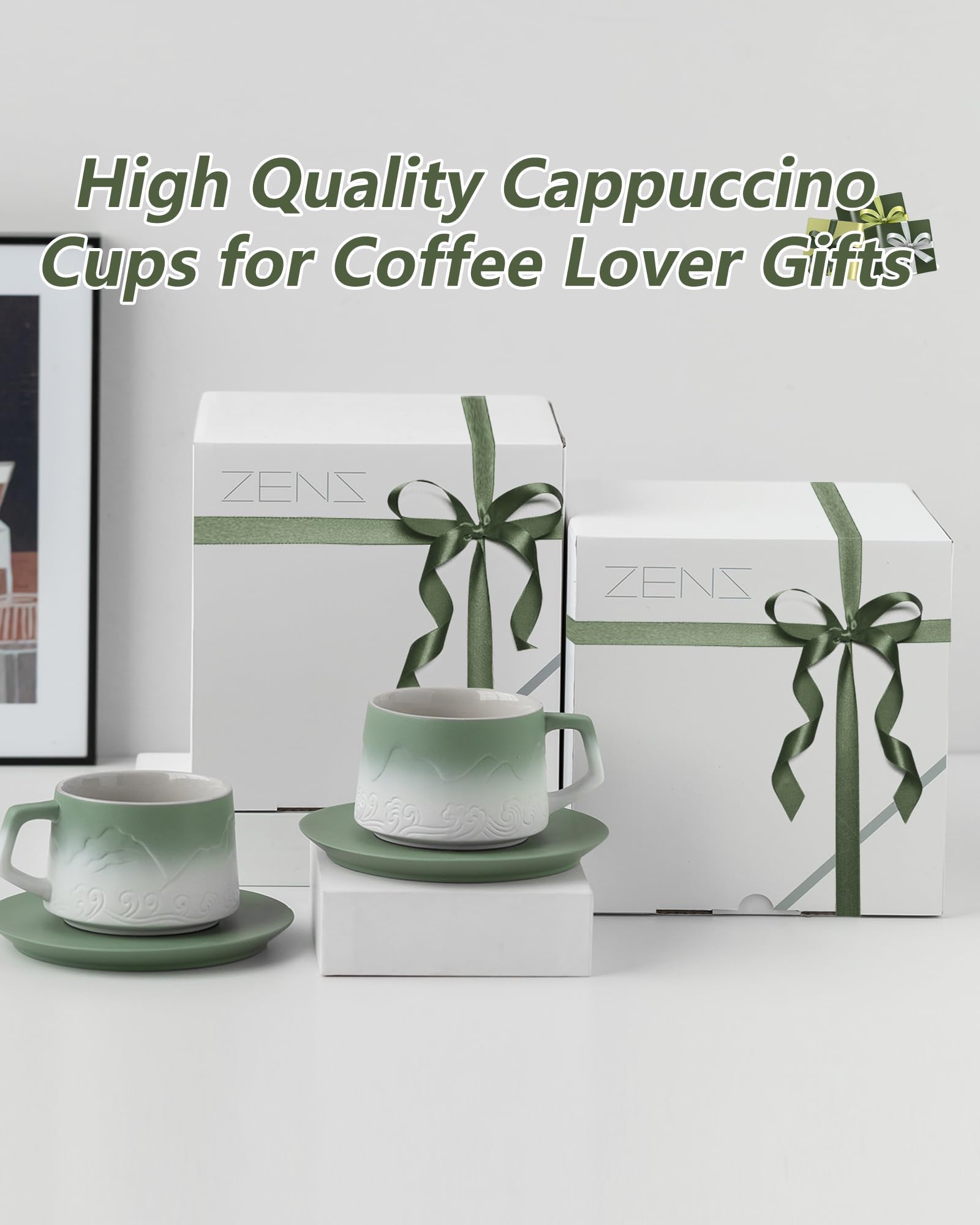 Premium 8oz Ceramic Cappuccino Cups Set of 2 with Saucers - Artistic Embossed Design for Latte Art, Perfect for Espresso, Au Lait, Matcha Tea - Moss Green & White Coffee Mugs - Ideal for Home Cafes, Gifts & Coffee Shops