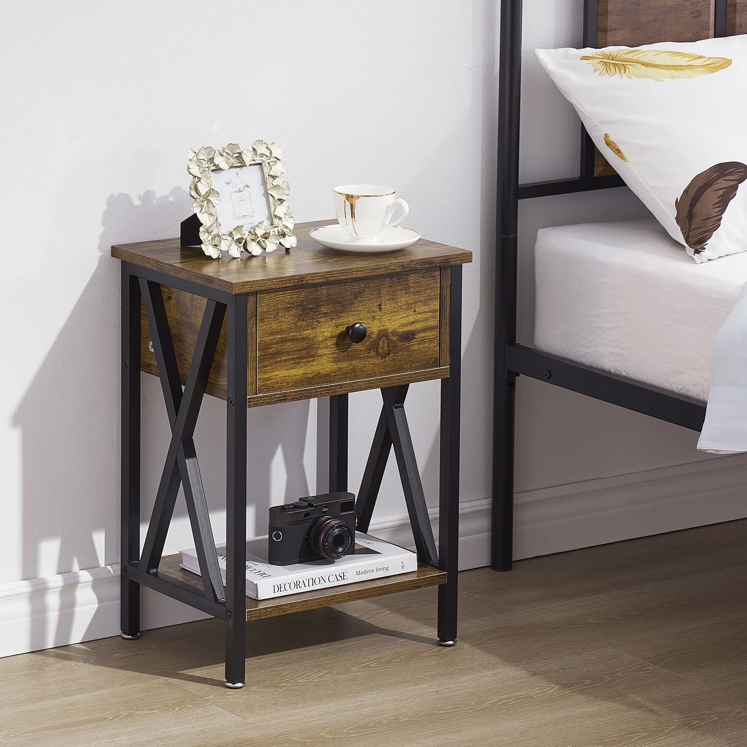 Industrial Nightstand with Drawer & Storage Shelf - Wood & Metal Bedside Table for Bedroom, Living Room - Easy Assembly - Perfect for Small Spaces & Modern Home Decor