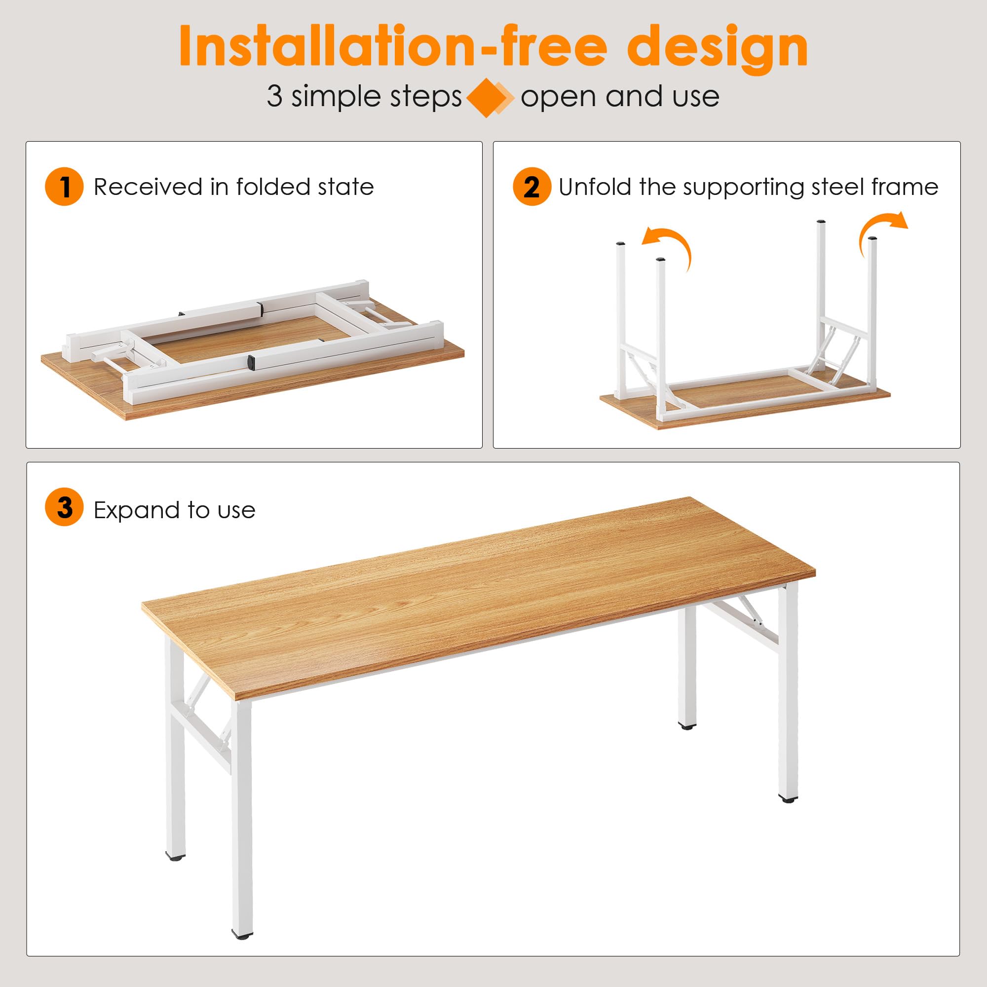 62 Inch BIFMA Certified Folding Computer Desk - Teak White Office Workstation & Conference Table for Home Office, Gaming Setup & Small Business Workspace