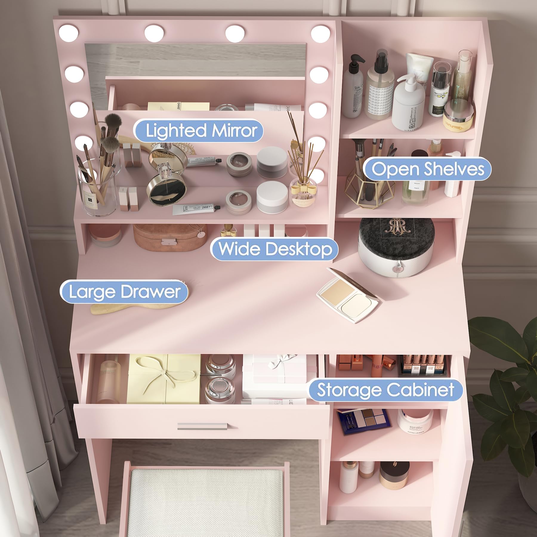 Vanity Desk with Mirror & LED Lights - Large Drawer & 3-Tier Storage Dresser - 3 Adjustable Lighting Modes - Pink Makeup Dressing Table with Stool - Perfect for Bedroom, Dorm Room & Beauty Salon