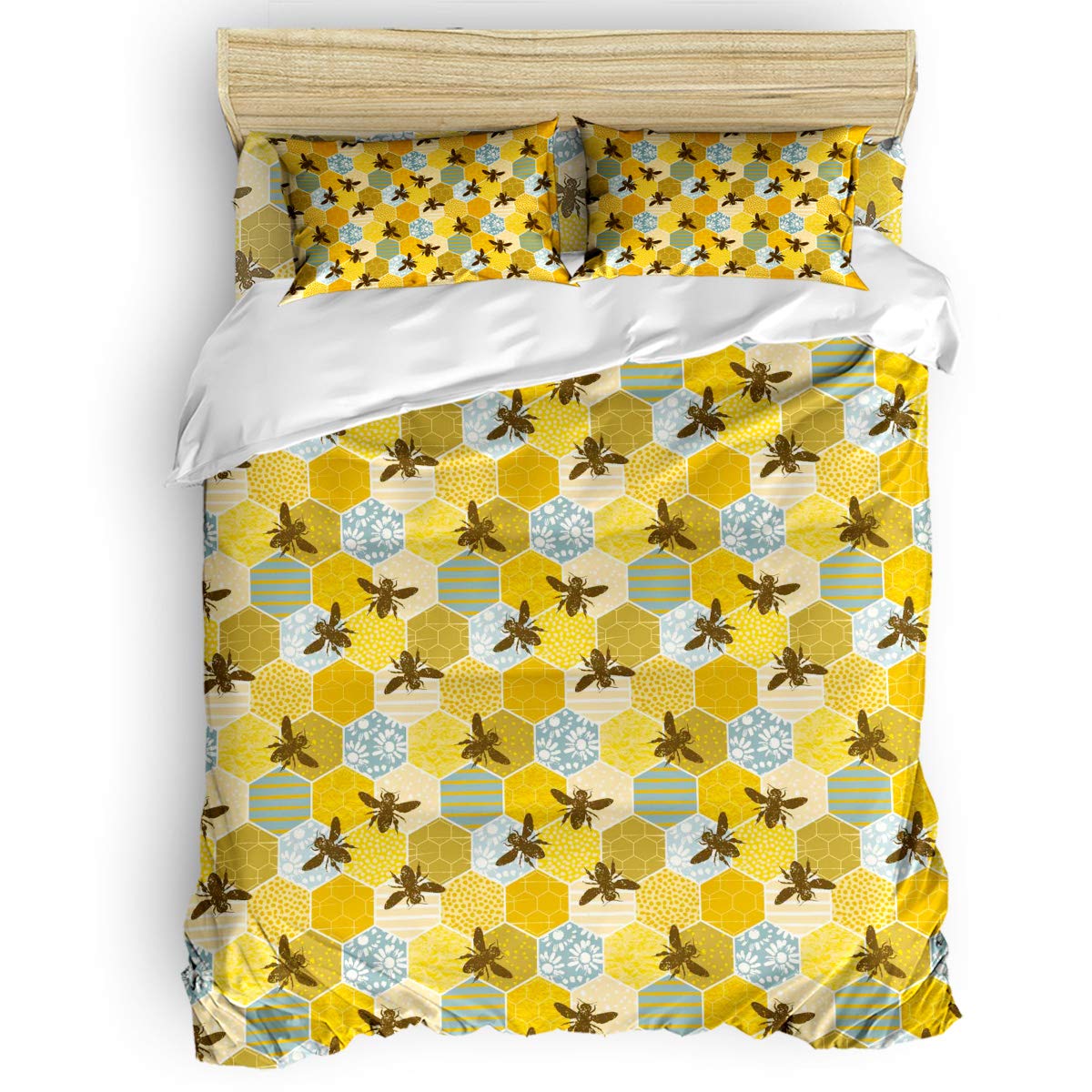 Premium 4-Piece Queen Size Floral Honey Bee Bedding Set - Duvet Cover, Fitted Sheet, Pillow Shams - Soft Cotton Comforter Set for Kids, Teens & Adults - Perfect for Bedroom Decor, Dorm Room Essentials & Cozy Home Styling
